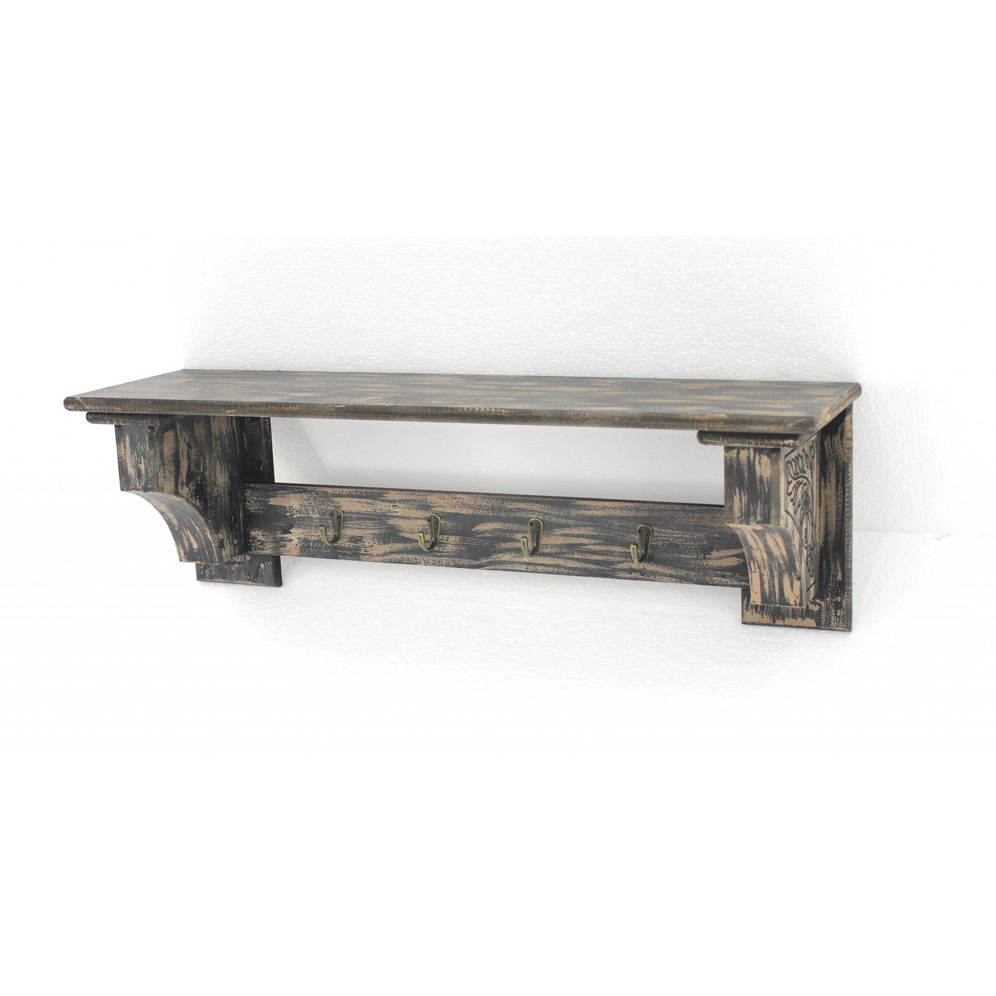 8 X 30 X 9.75 Black Vintage Wooden 4 Metal Hooks - Wall Shelf