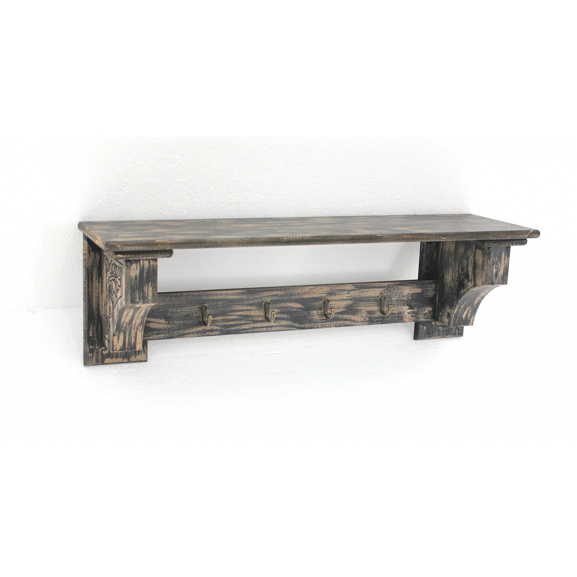 8 X 30 X 9.75 Black Vintage Wooden 4 Metal Hooks - Wall Shelf
