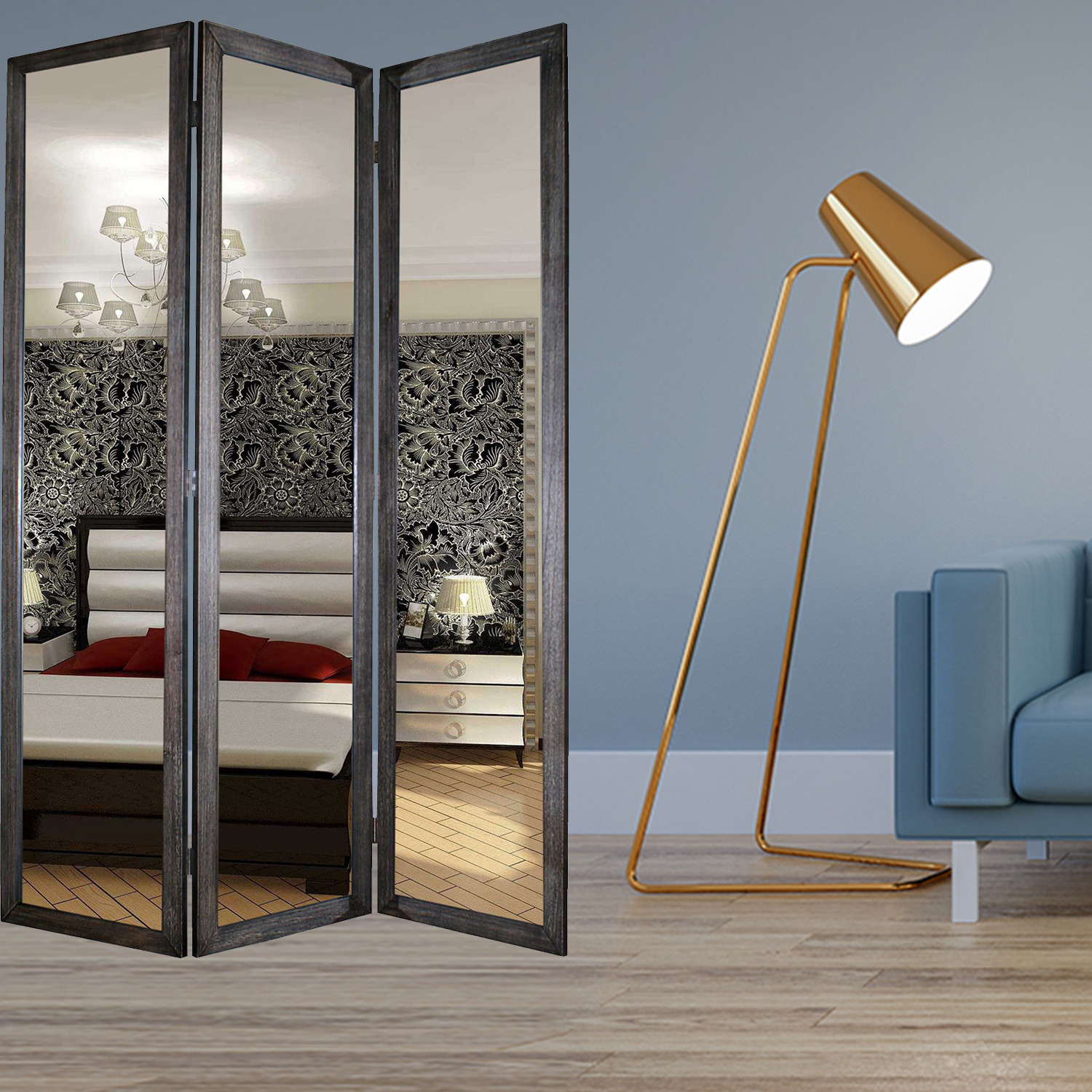 1 X 50 X 69 Black Glass & Wood Mirror  Screen