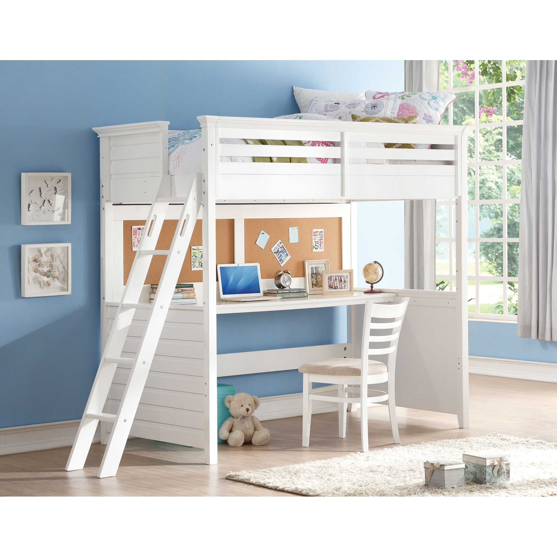 83"" X 45"" X 74"" Twin White Poplar Wood Loft Bed With Desk