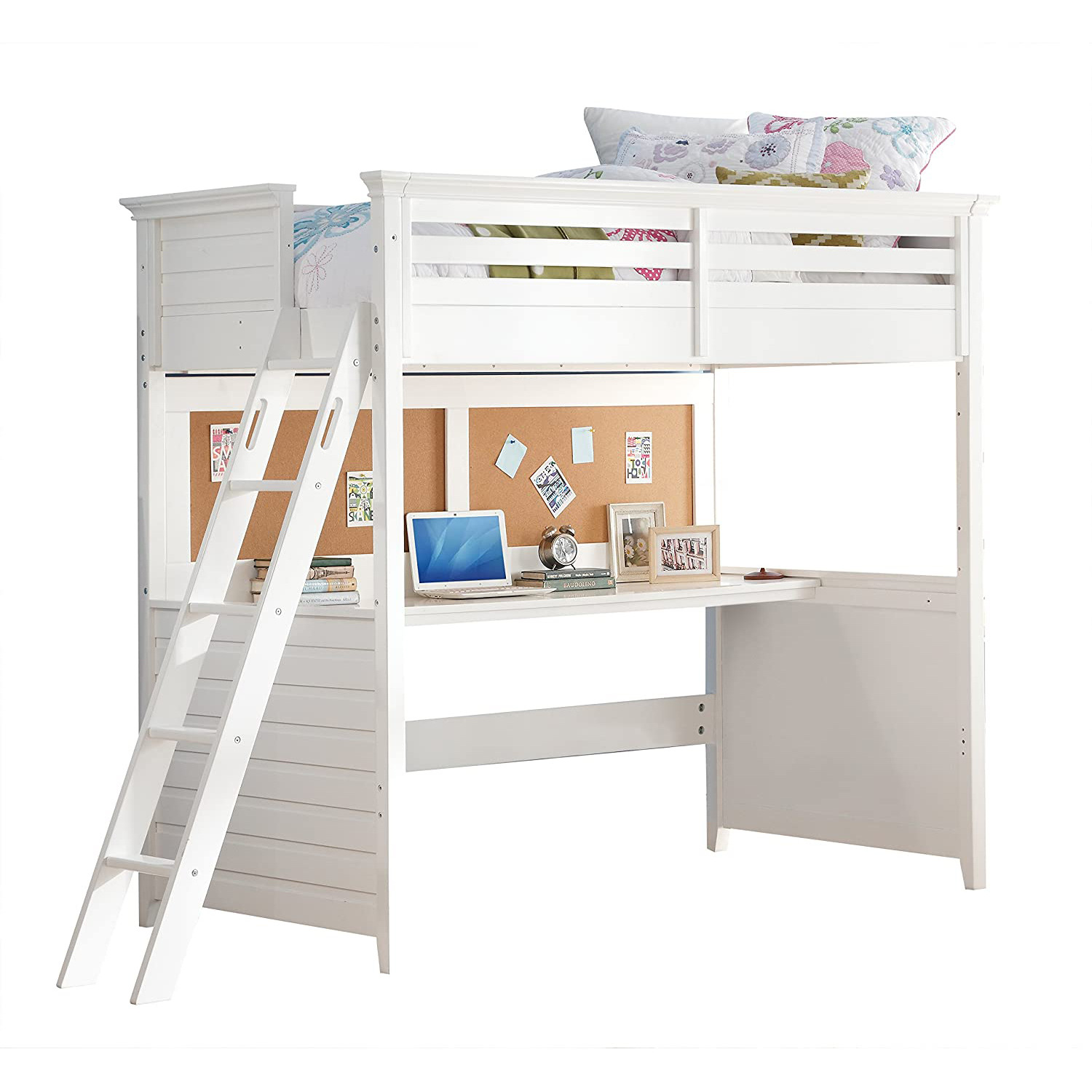 83"" X 45"" X 74"" Twin White Poplar Wood Loft Bed With Desk