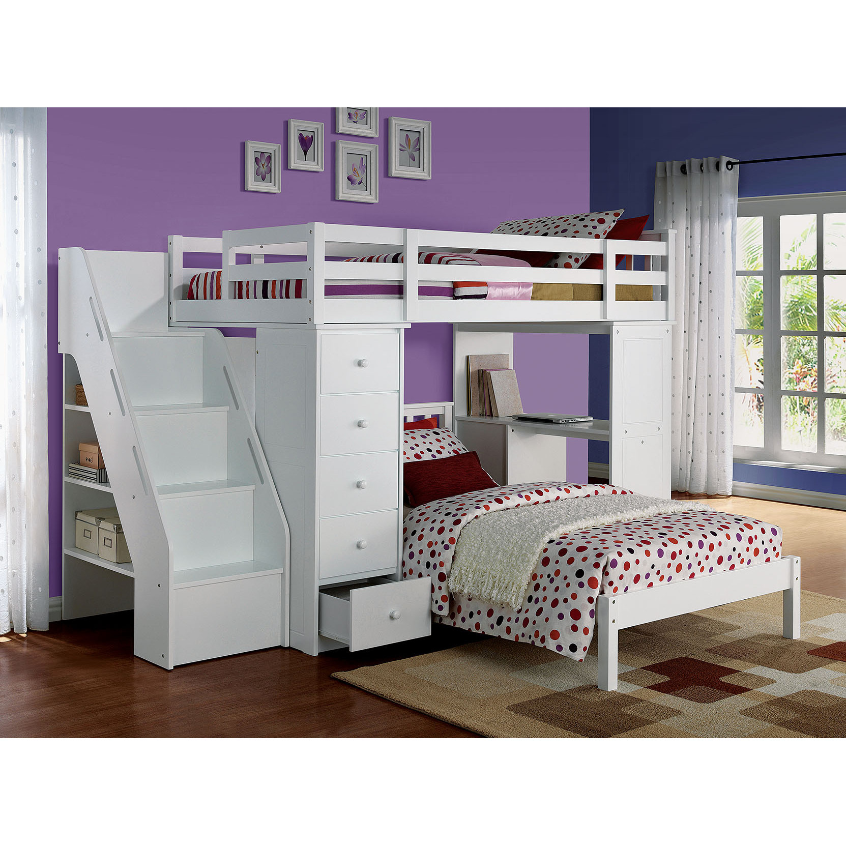 79"" X 42"" X 66"" White Solid Wood Loft Bed And Bookshelf Ladder
