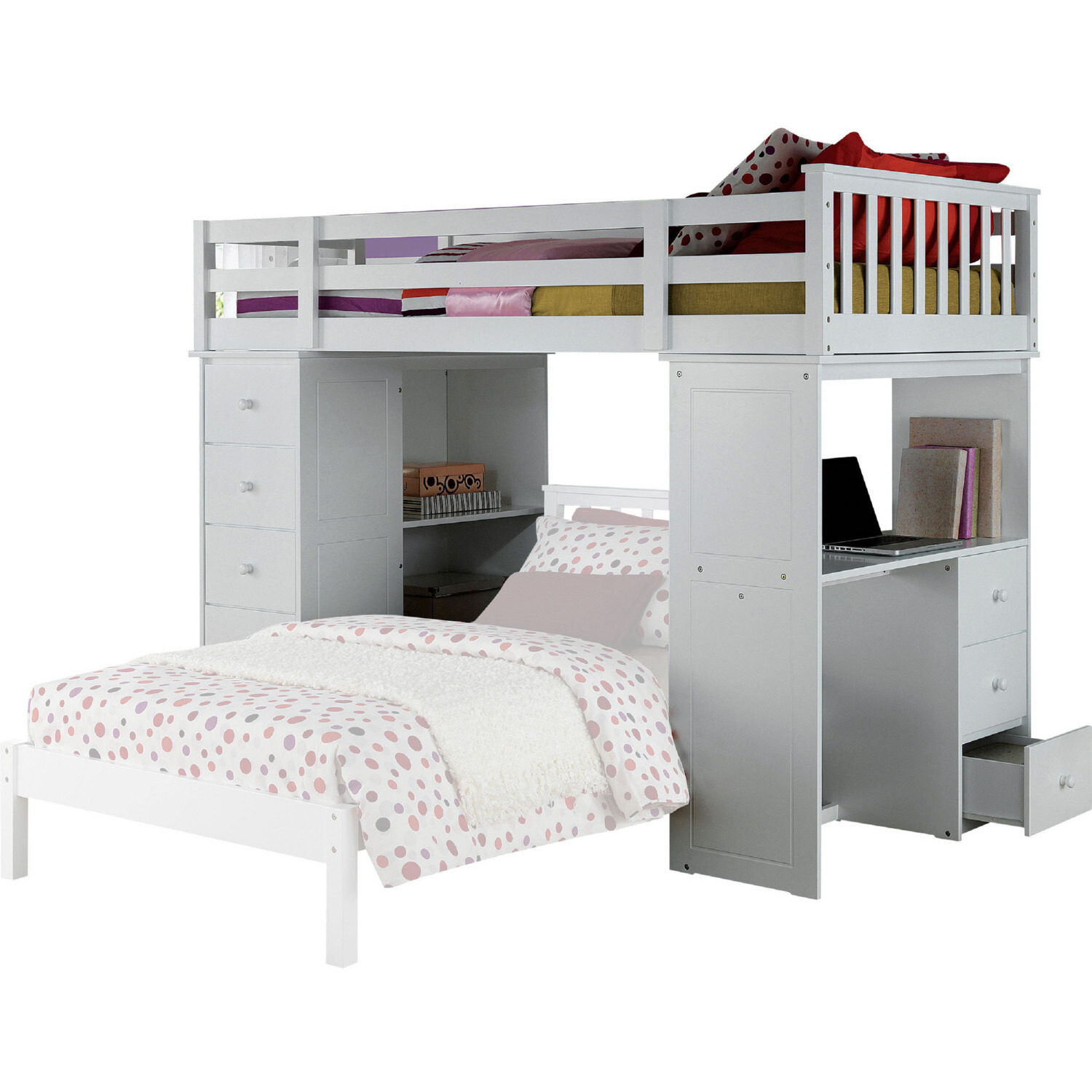 79"" X 42"" X 66"" White Solid Wood Loft Bed And Bookshelf Ladder
