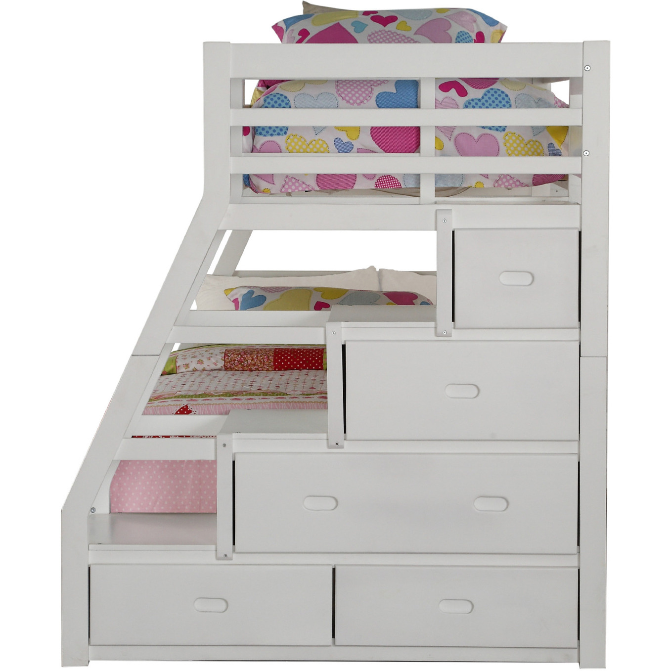 95"" X 56"" X 65"" Twin Over Full White Storage Ladder And Trundle Bunk Bed