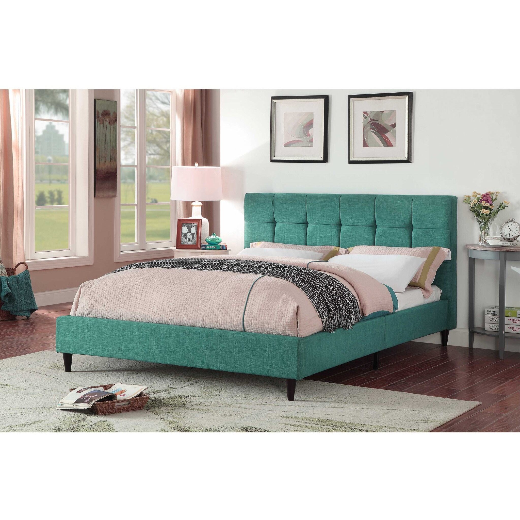 Eastern King Blue Modern Upholstered Square Stitched Platform Bed