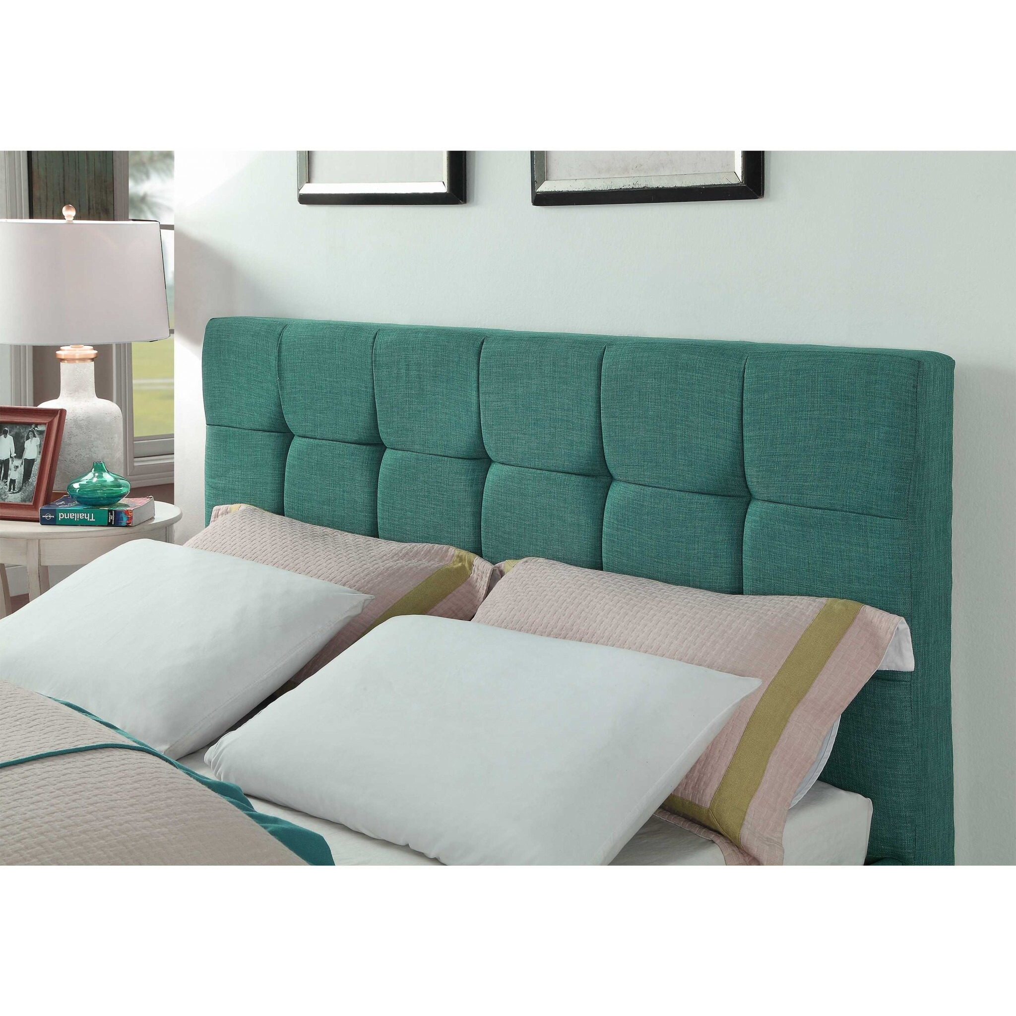 Eastern King Blue Modern Upholstered Square Stitched Platform Bed