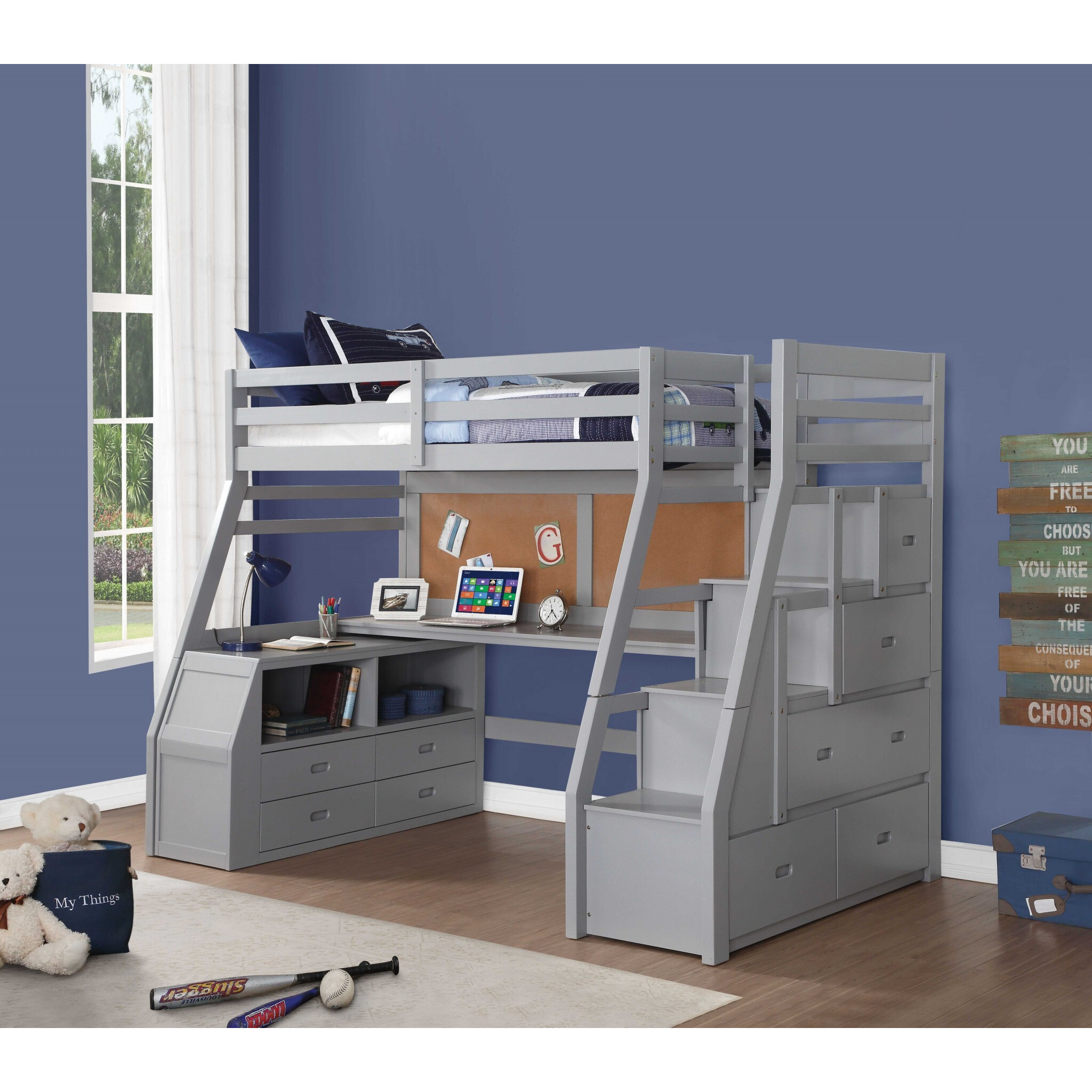 Twin Size Gray Finish Pine Wood Loft Bed