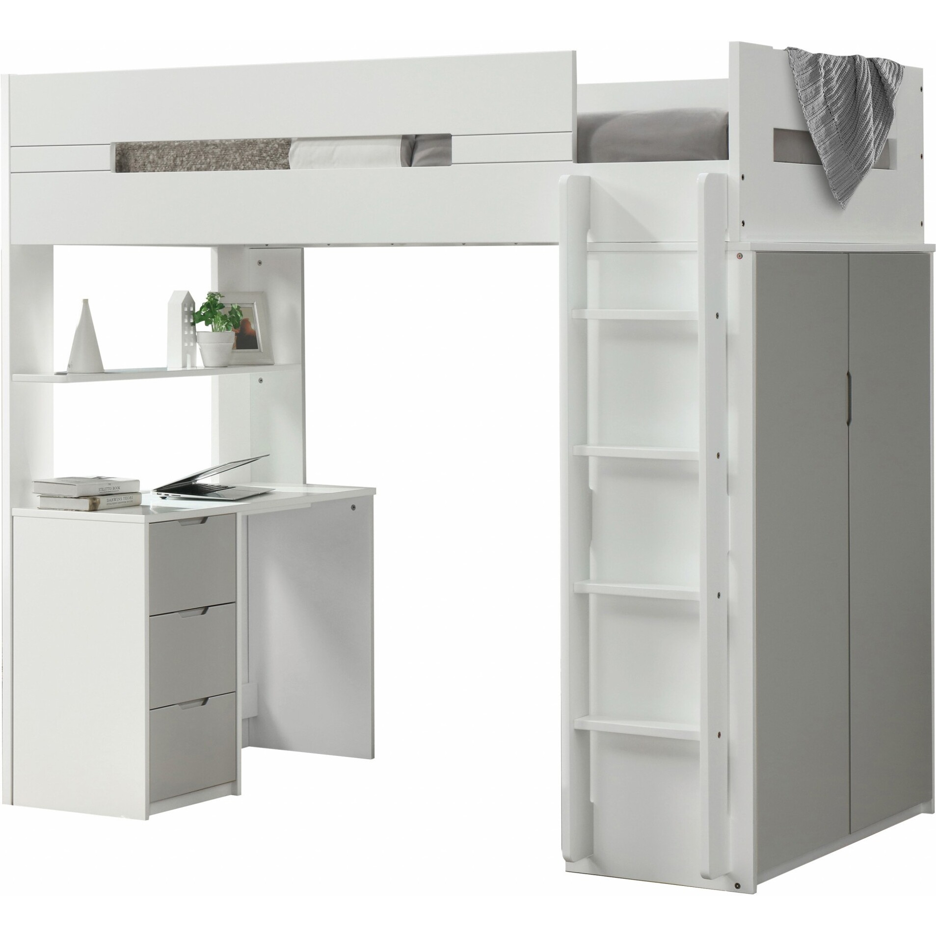 White And Gray Twin Loft Bed And Desk