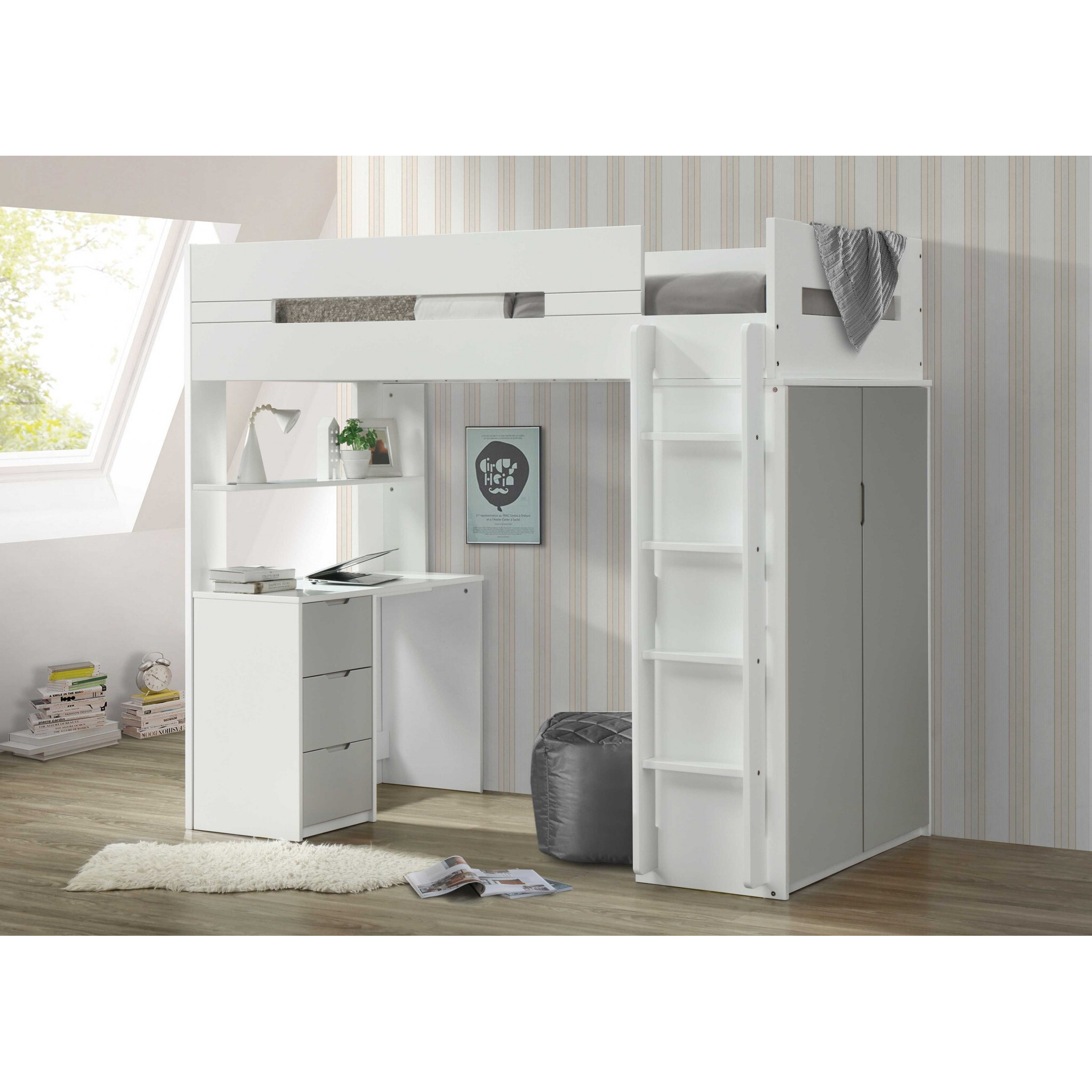 White And Gray Twin Loft Bed And Desk