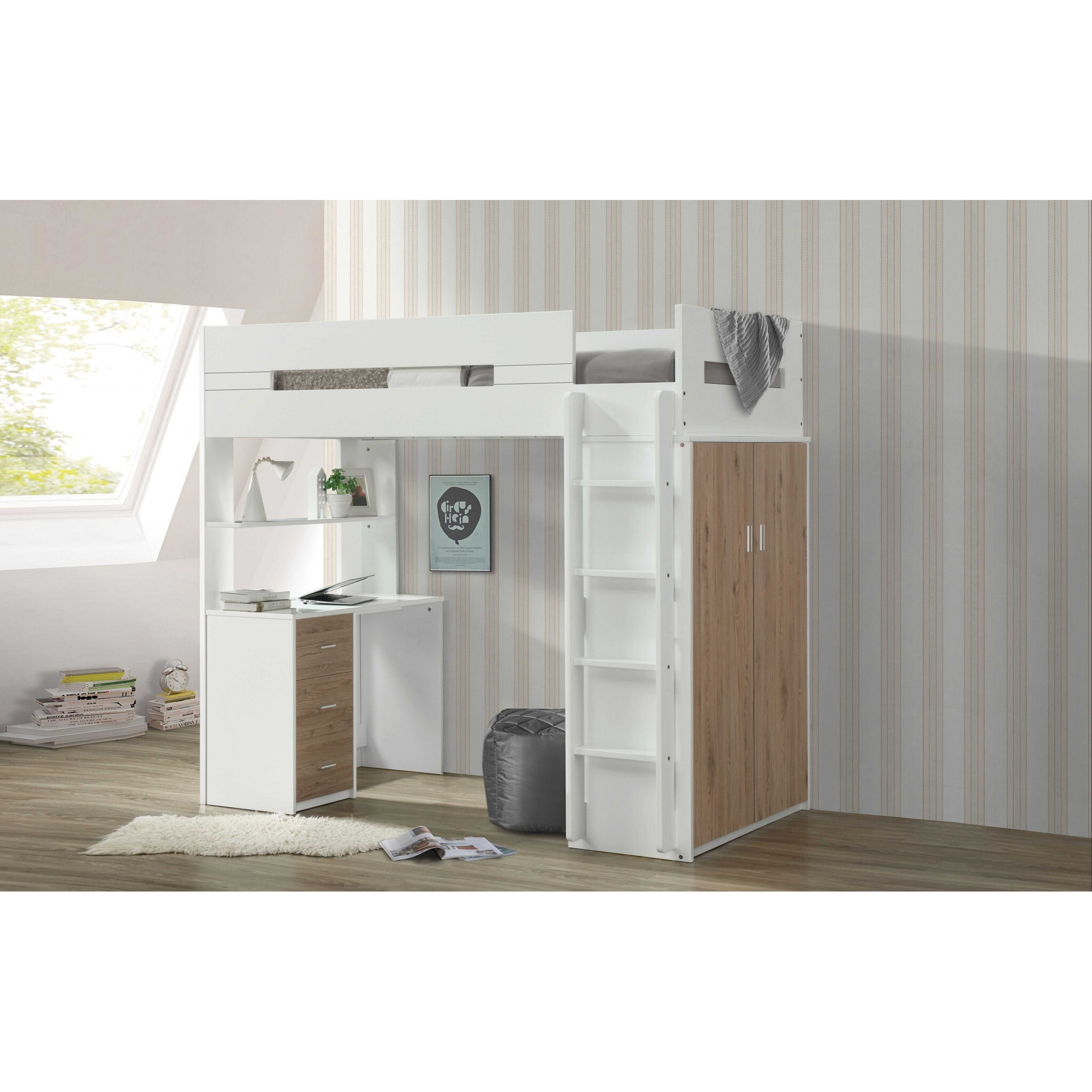 White And Natural Twin Loft Bed And Desk