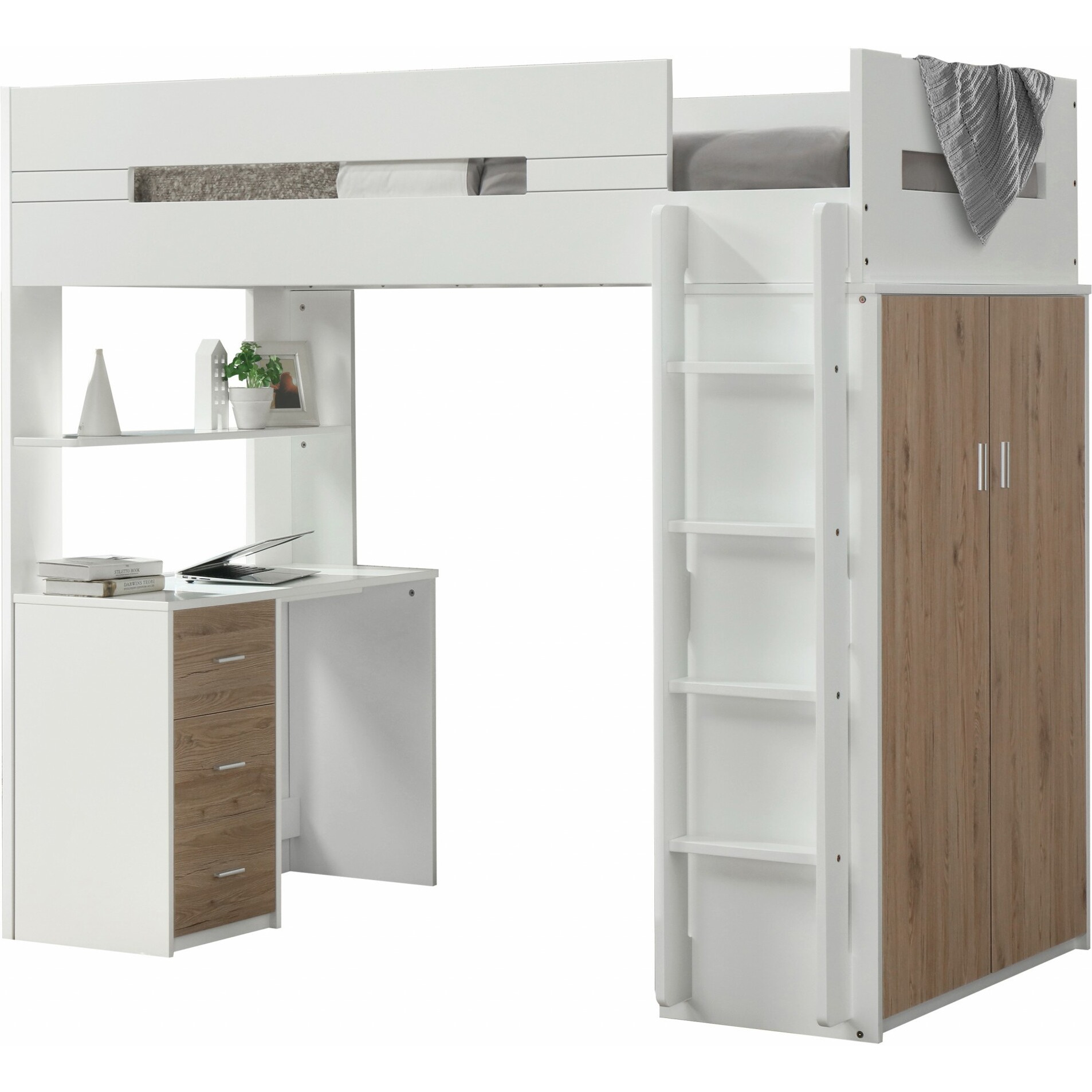 White And Natural Twin Loft Bed And Desk