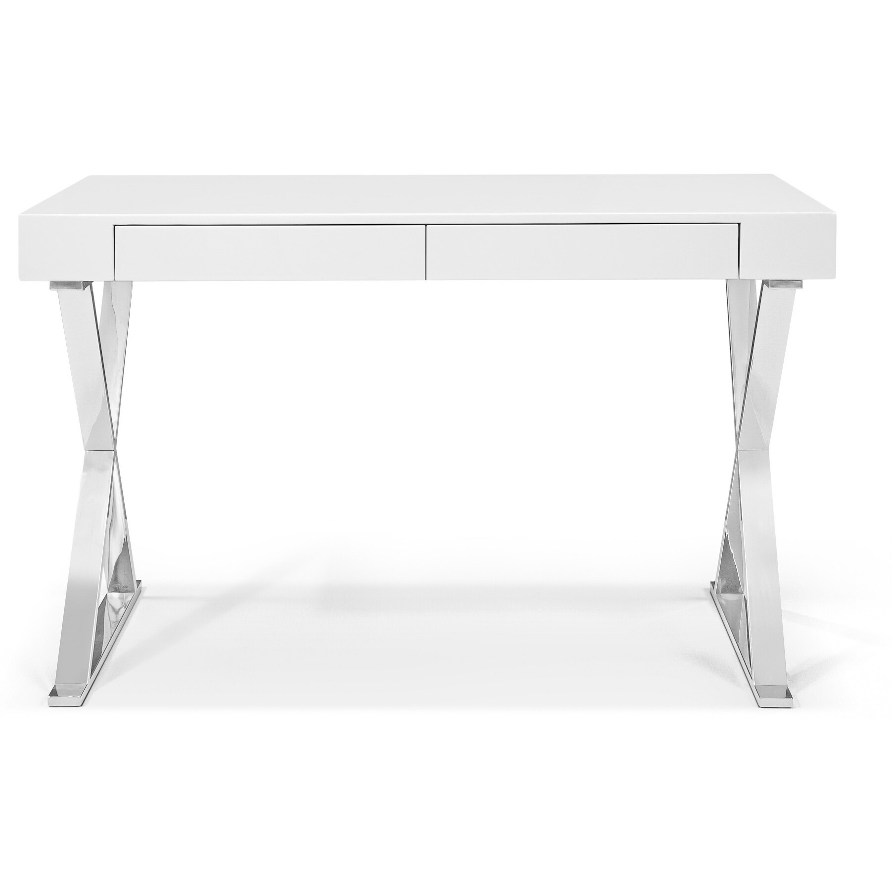 Desk Large High Gloss White Two Drawers Stainless Steel Base