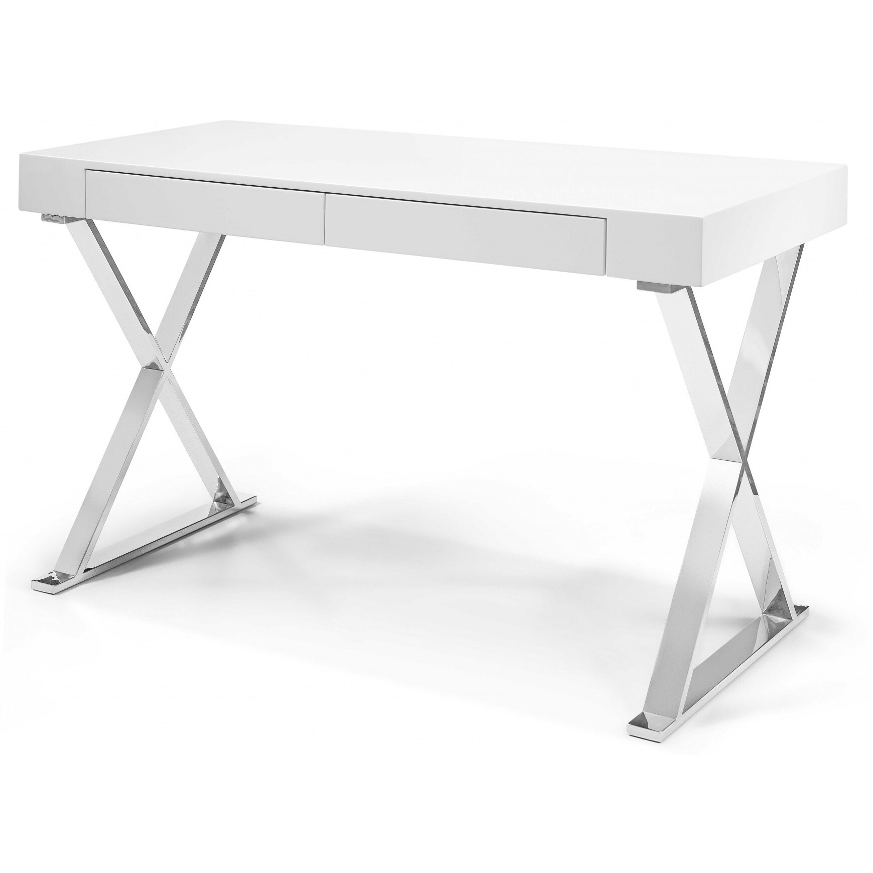 Desk Large High Gloss White Two Drawers Stainless Steel Base
