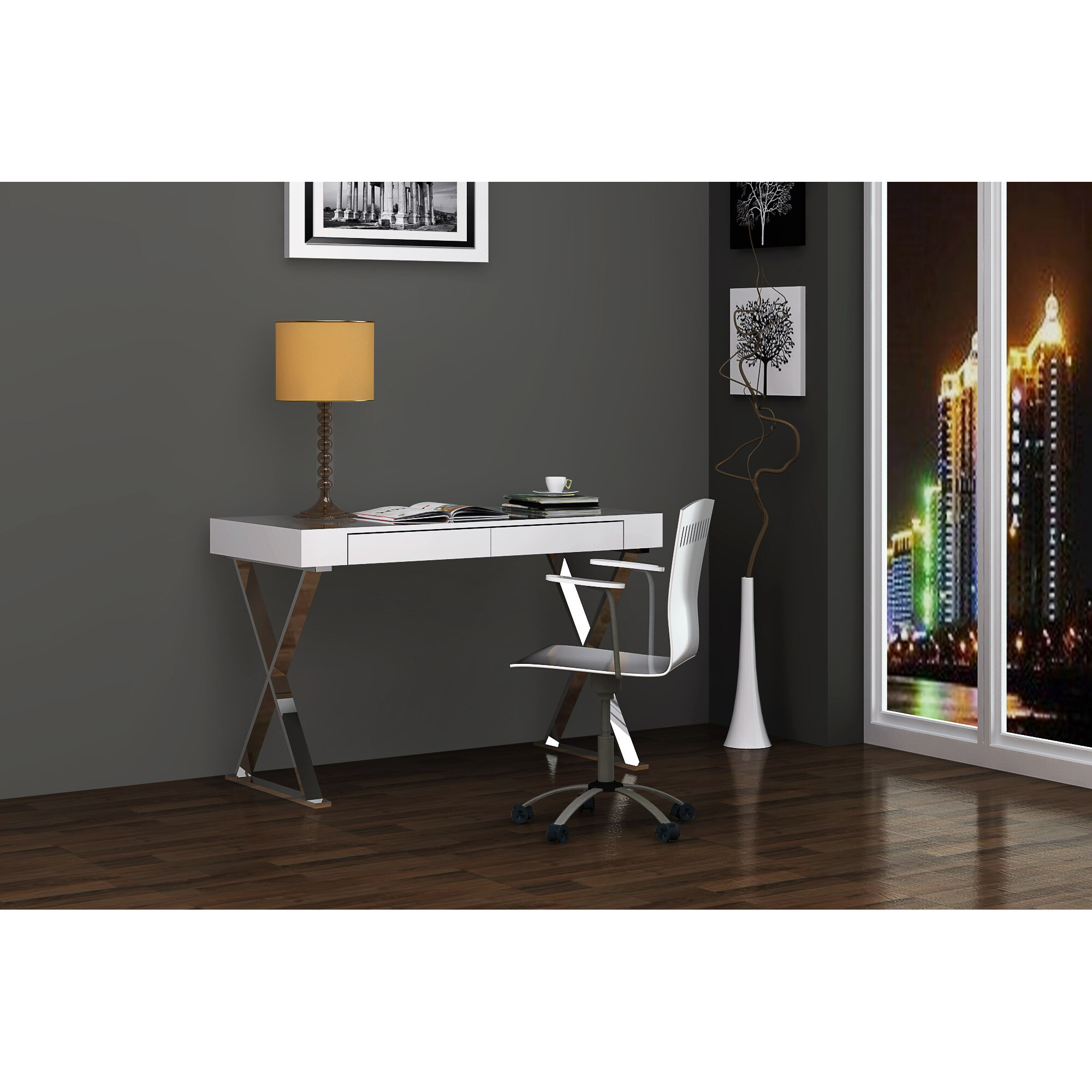 Desk Large High Gloss White Two Drawers Stainless Steel Base