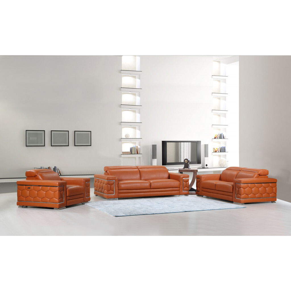 114"" Sturdy Camel Leather Sofa Set