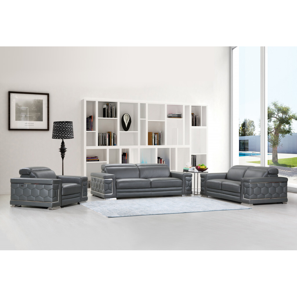 114"" Sturdy Dark Grey Leather Sofa Set