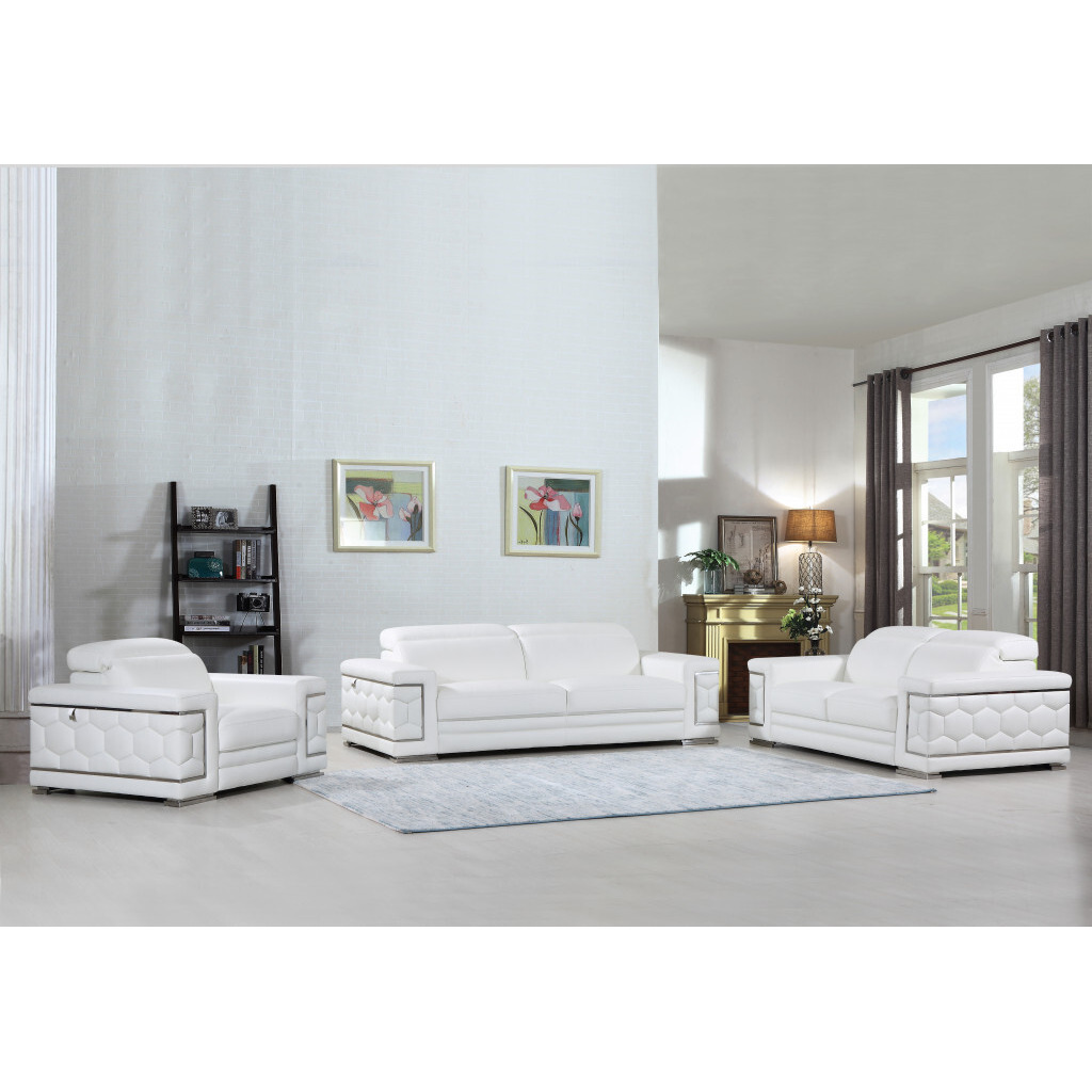 114"" Sturdy White Leather Sofa Set