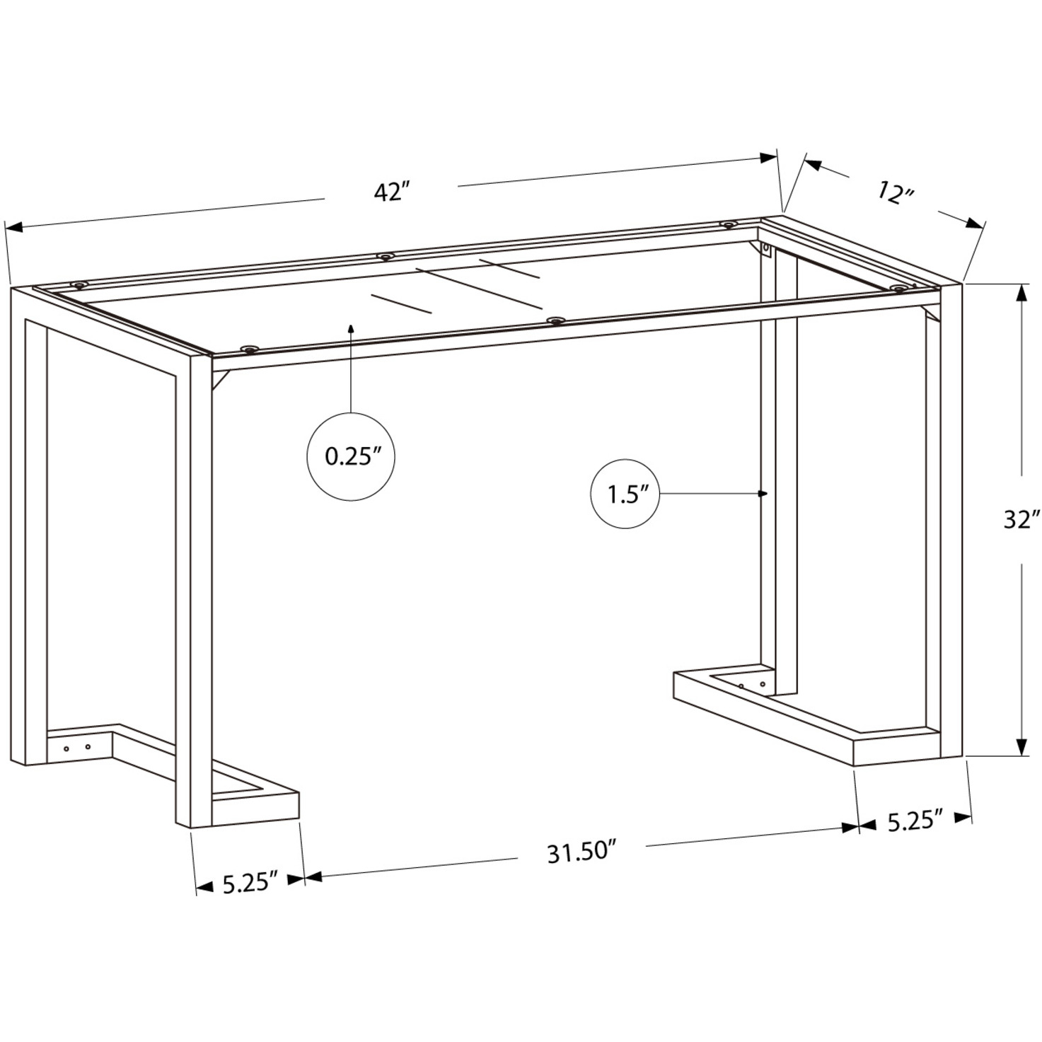 12"" X 42"" X 32"" Tempered And Black Metal Accent Table