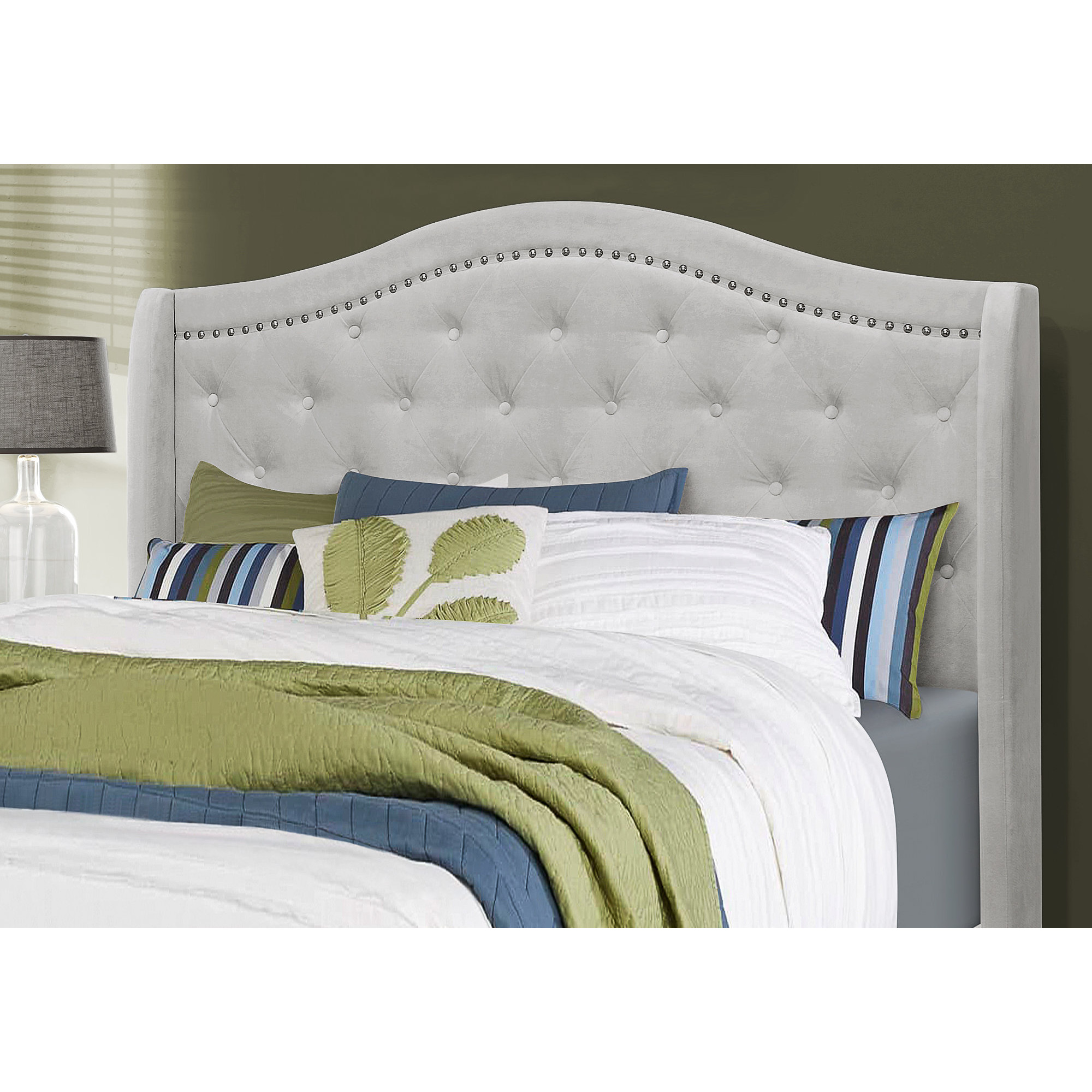 Tufted Light Gray Standard Bed Upholstered With Nailhead Trim And With Headboard