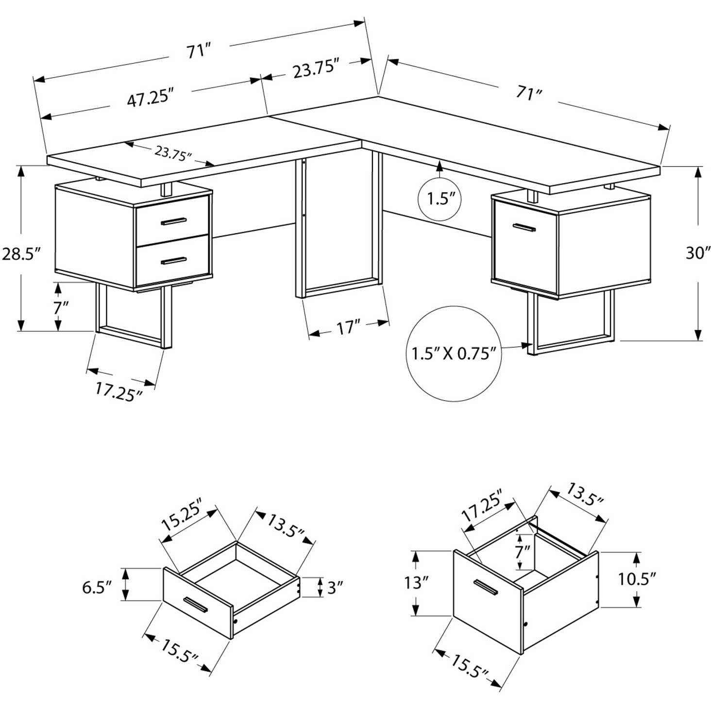 71"" Grey L-Shape Computer Desk With Three Drawers