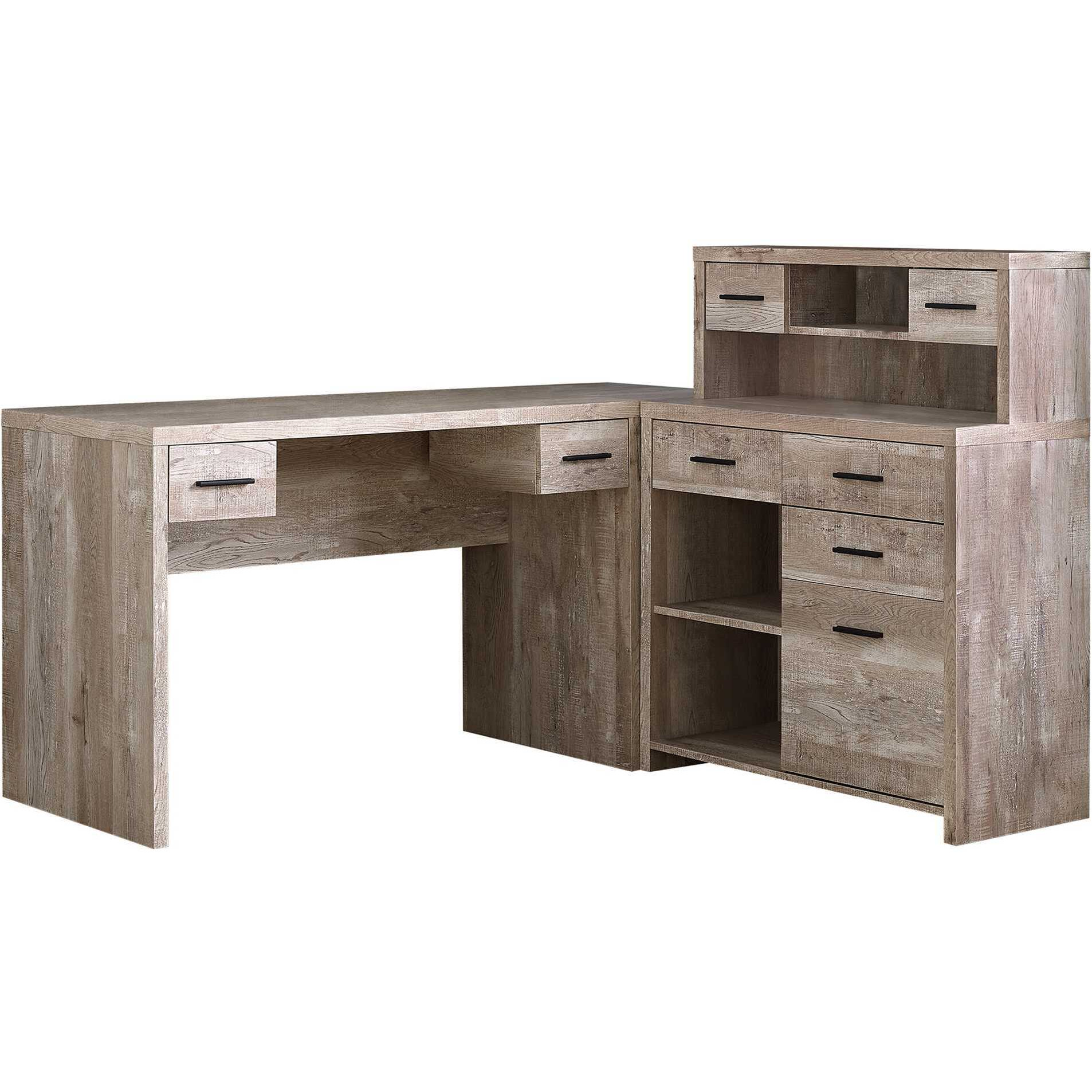 59"" Taupe L-Shape Computer Desk With 8 Drawers