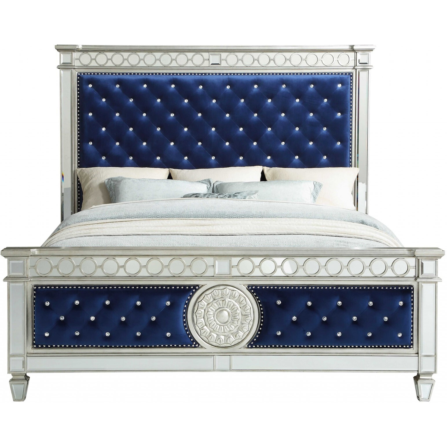 68"" X 90"" X 72"" Blue Velvet Wood Mirror Upholstered (Hbfb) Queen Bed