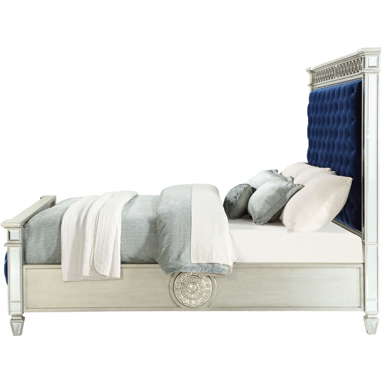 68"" X 90"" X 72"" Blue Velvet Wood Mirror Upholstered (Hbfb) Queen Bed