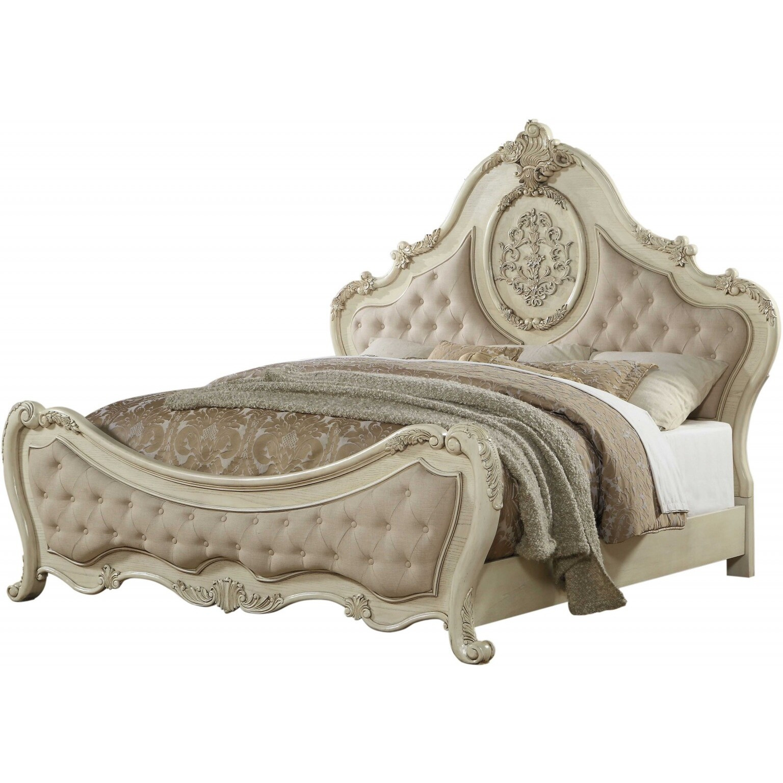 73"" X 89"" X 76"" Beige Linen Antique White Wood Upholstery Queen Bed
