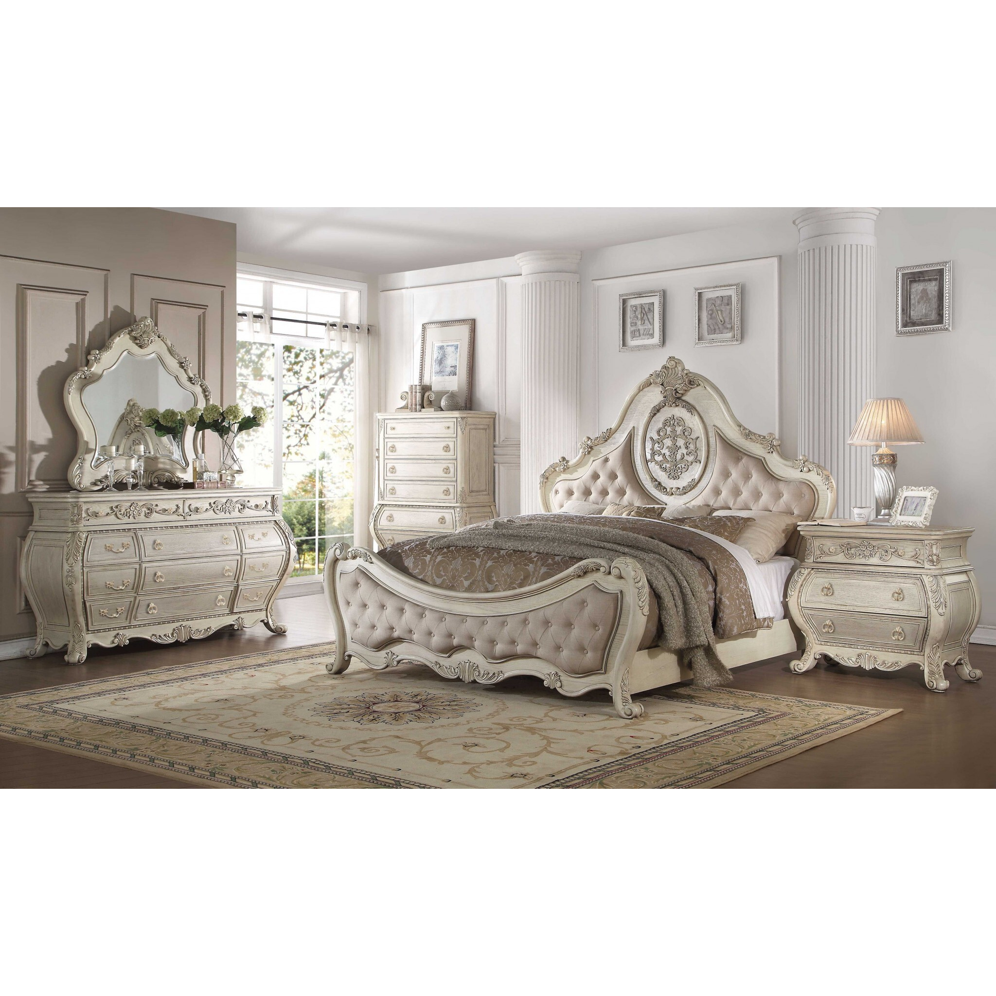 73"" X 89"" X 76"" Beige Linen Antique White Wood Upholstery Queen Bed
