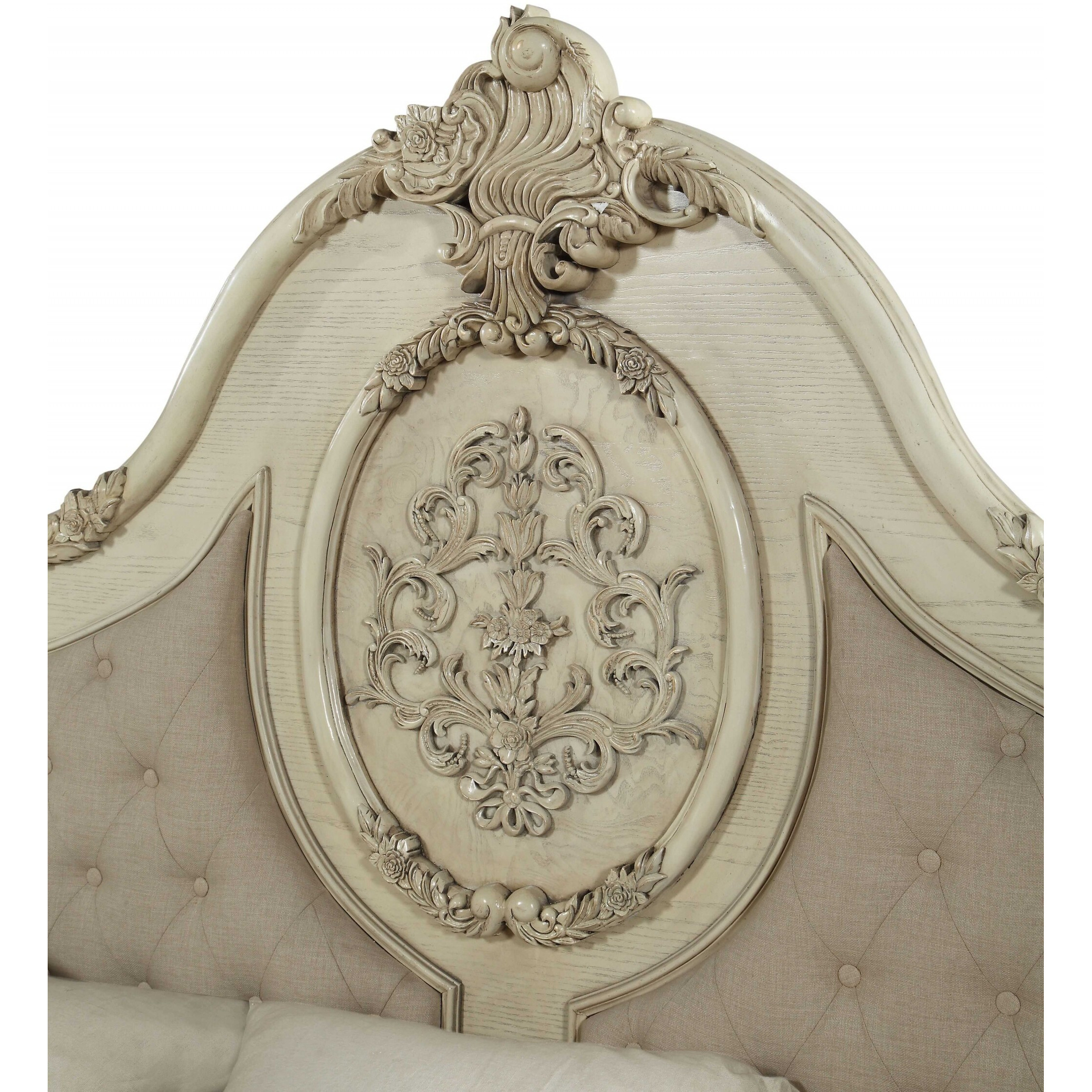 73"" X 89"" X 76"" Beige Linen Antique White Wood Upholstery Queen Bed
