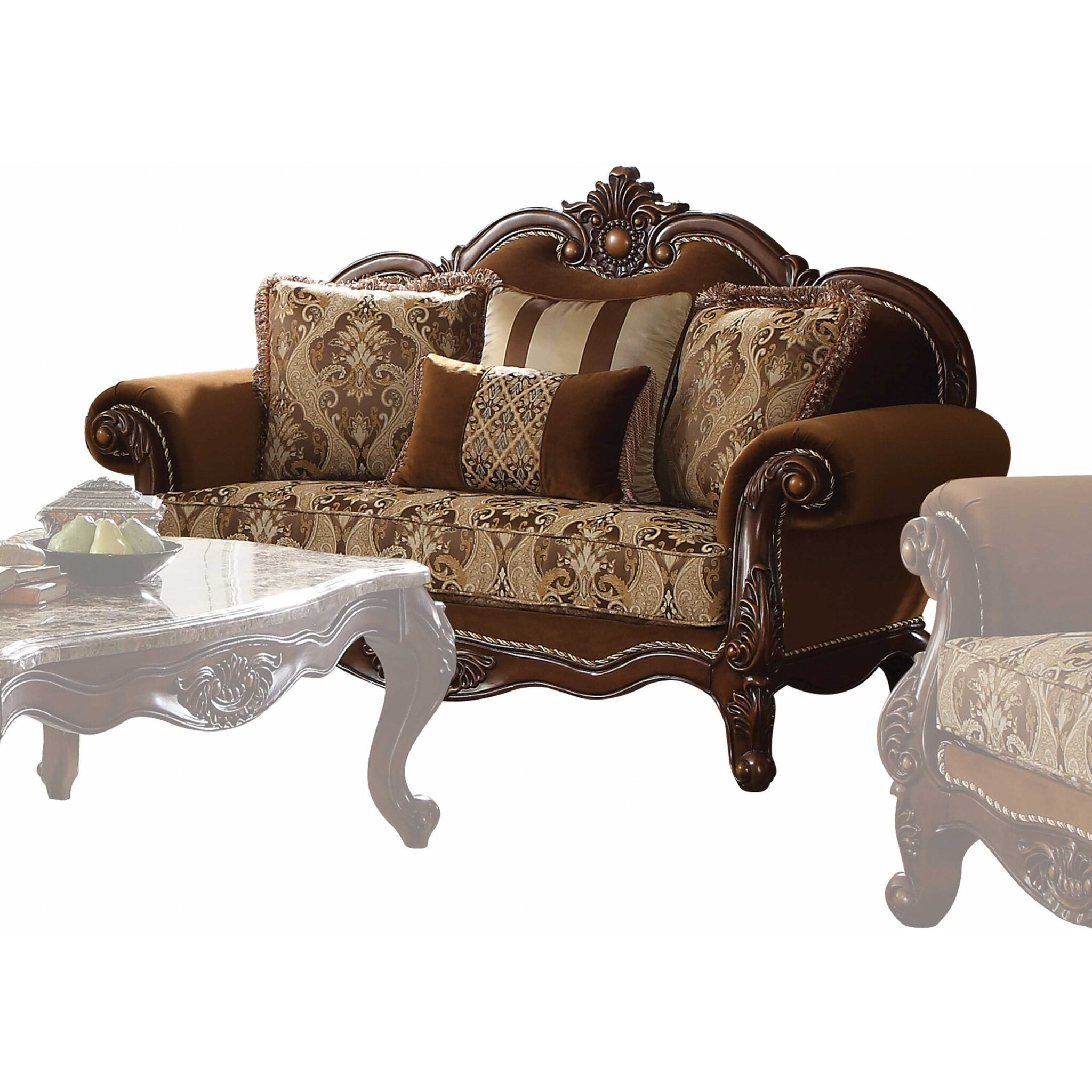 37"" X 69"" X 46"" Fabric Cherry Oak Upholstery Wood Legtrim Loveseat W4 Pillows