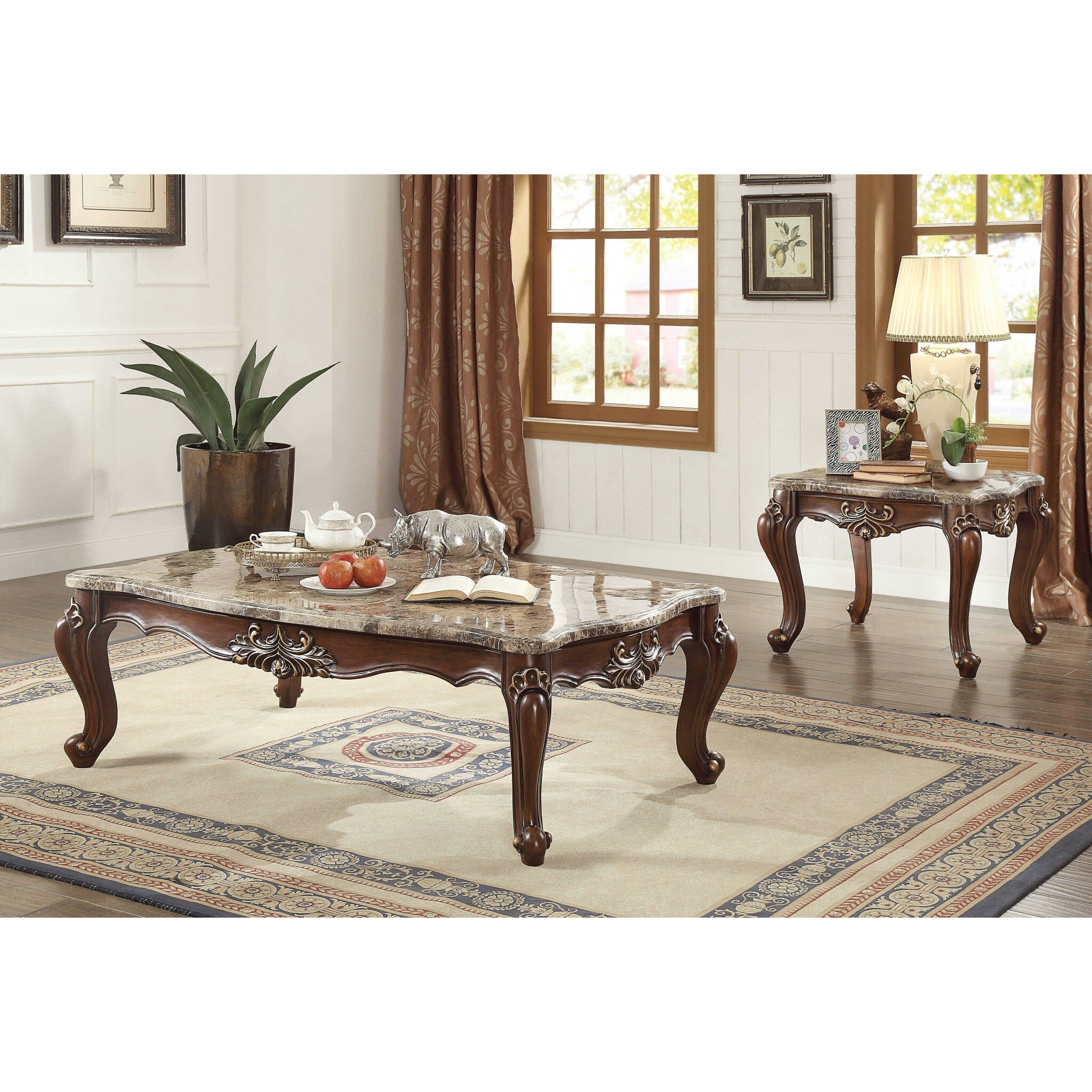 34"" X 60"" X 20"" Marble Walnut Wood Coffee Table