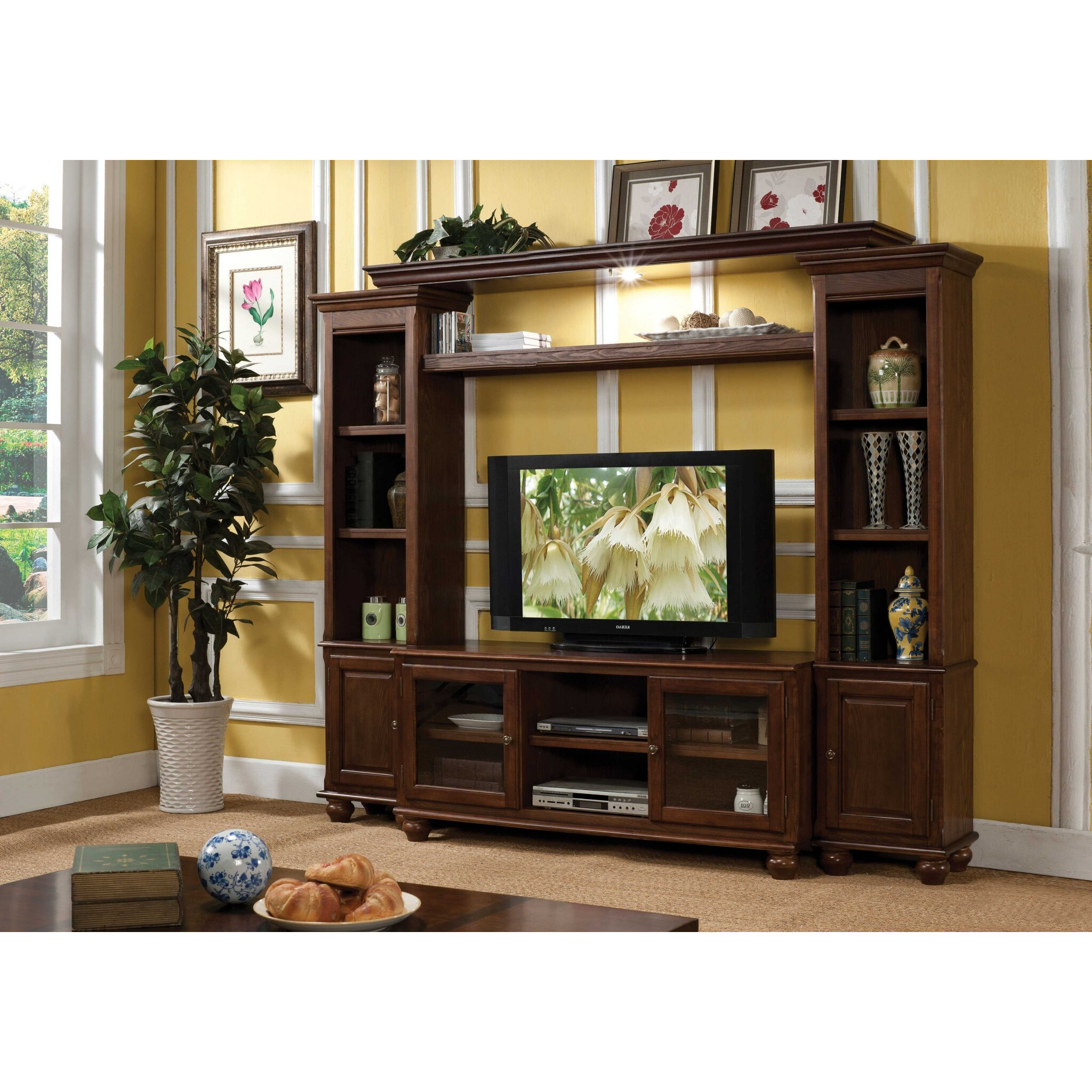 19"" X 58"" X 26"" Walnut Wood Glass (Tv Stand) Tv Stand