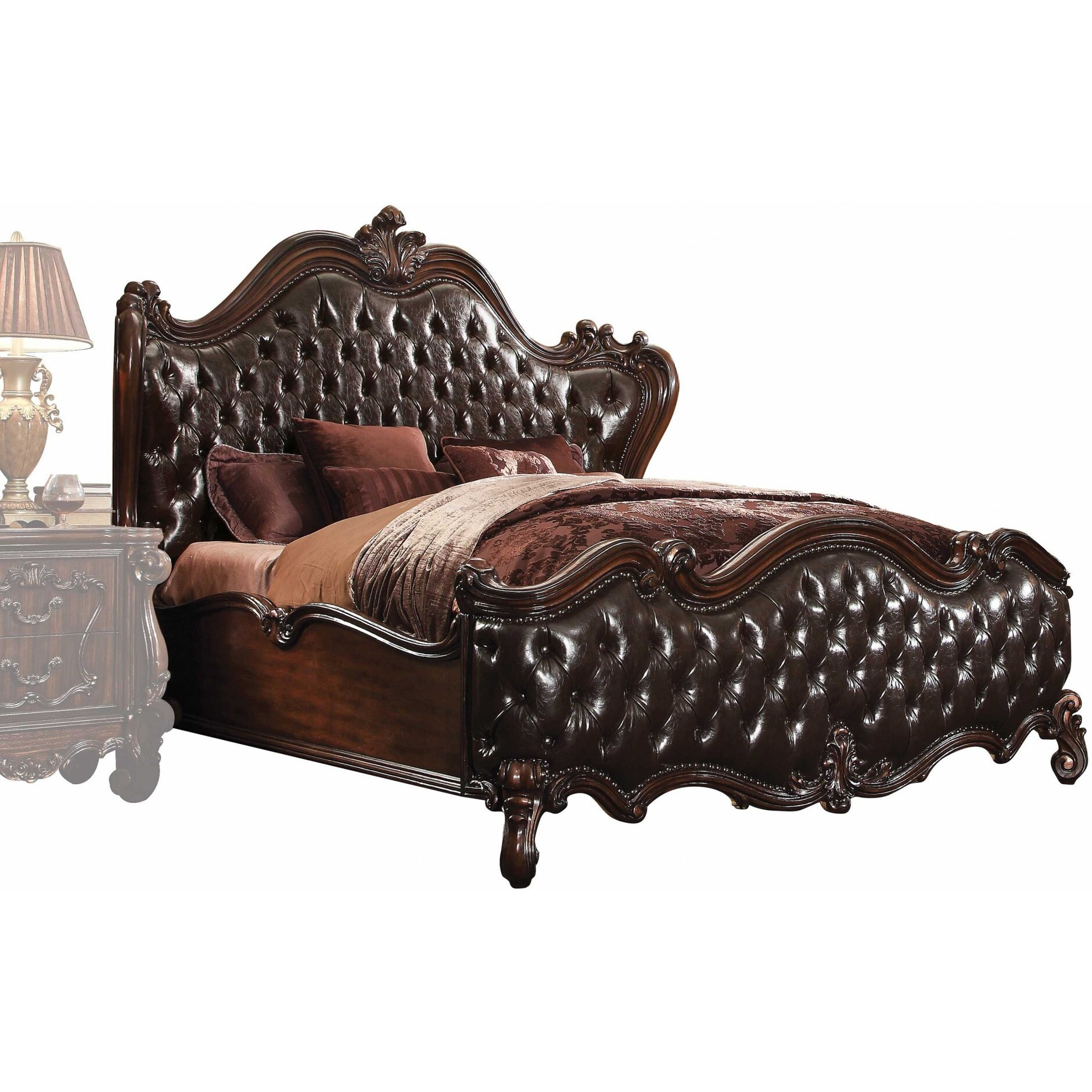 92"" X 97"" X 76"" 2-Tone Dark Brown Pu Cherry Oak Wood Poly Resin Upholstery Eastern King Bed