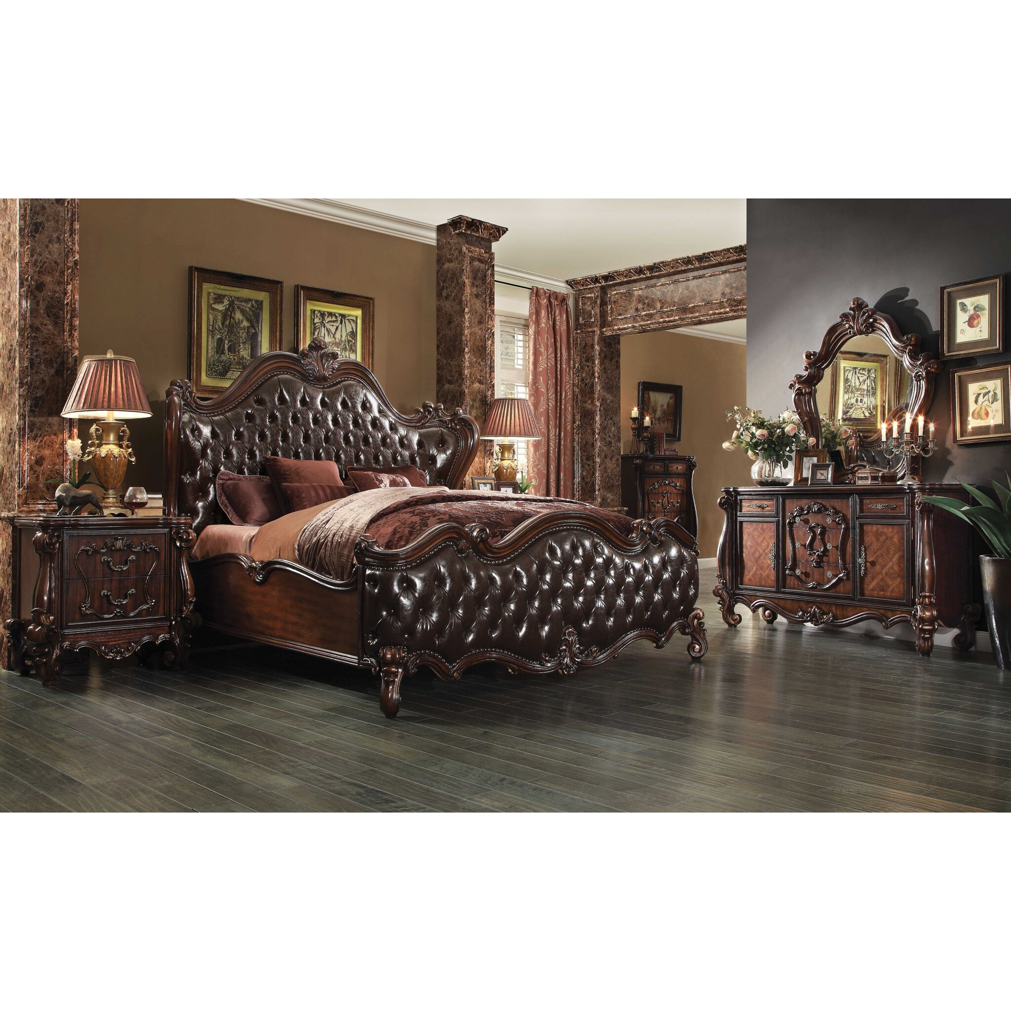 92"" X 97"" X 76"" 2-Tone Dark Brown Pu Cherry Oak Wood Poly Resin Upholstery Eastern King Bed