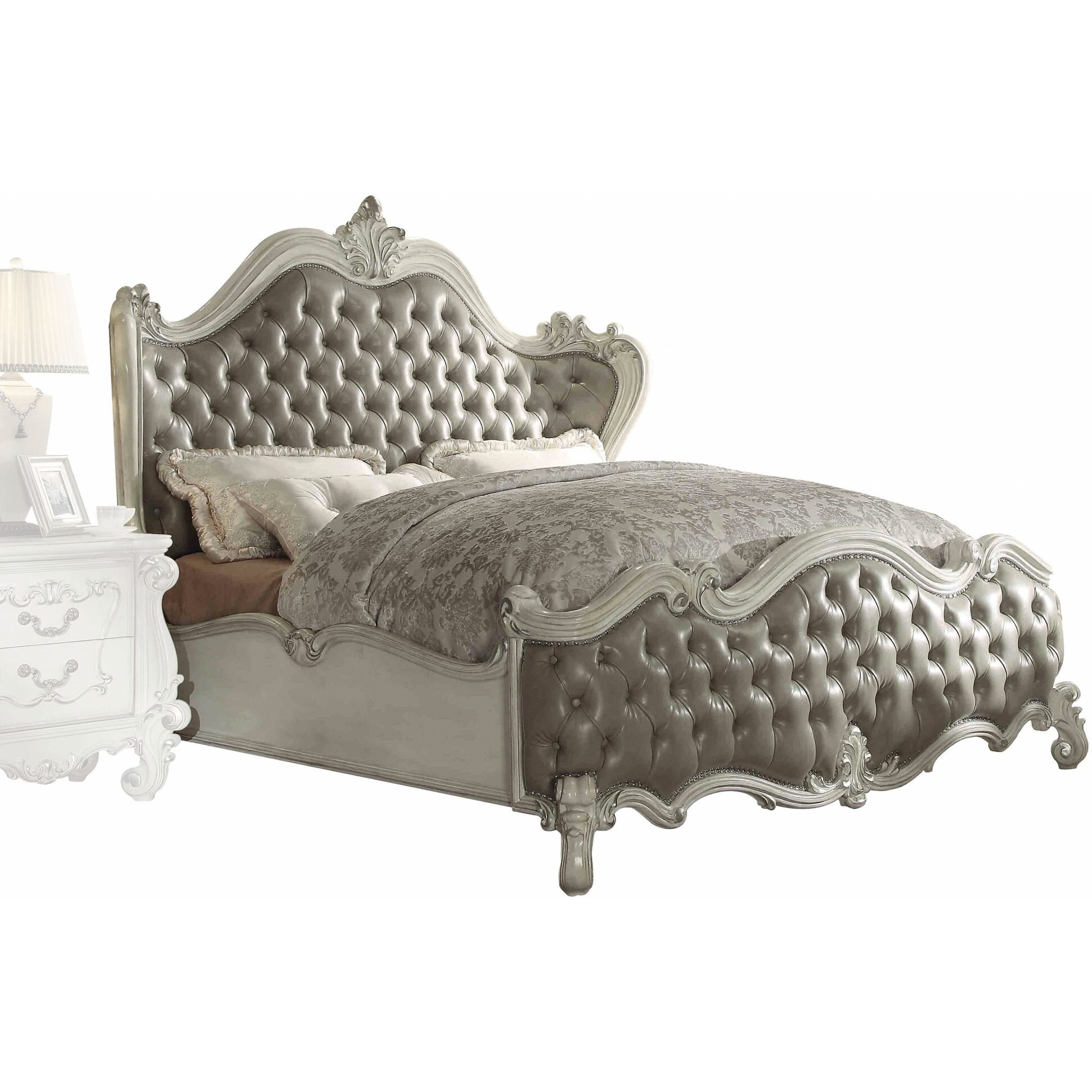 92"" X 97"" X 76"" Vintage Gray Pu Bone White Wood Poly Resin Upholstery Eastern King Bed