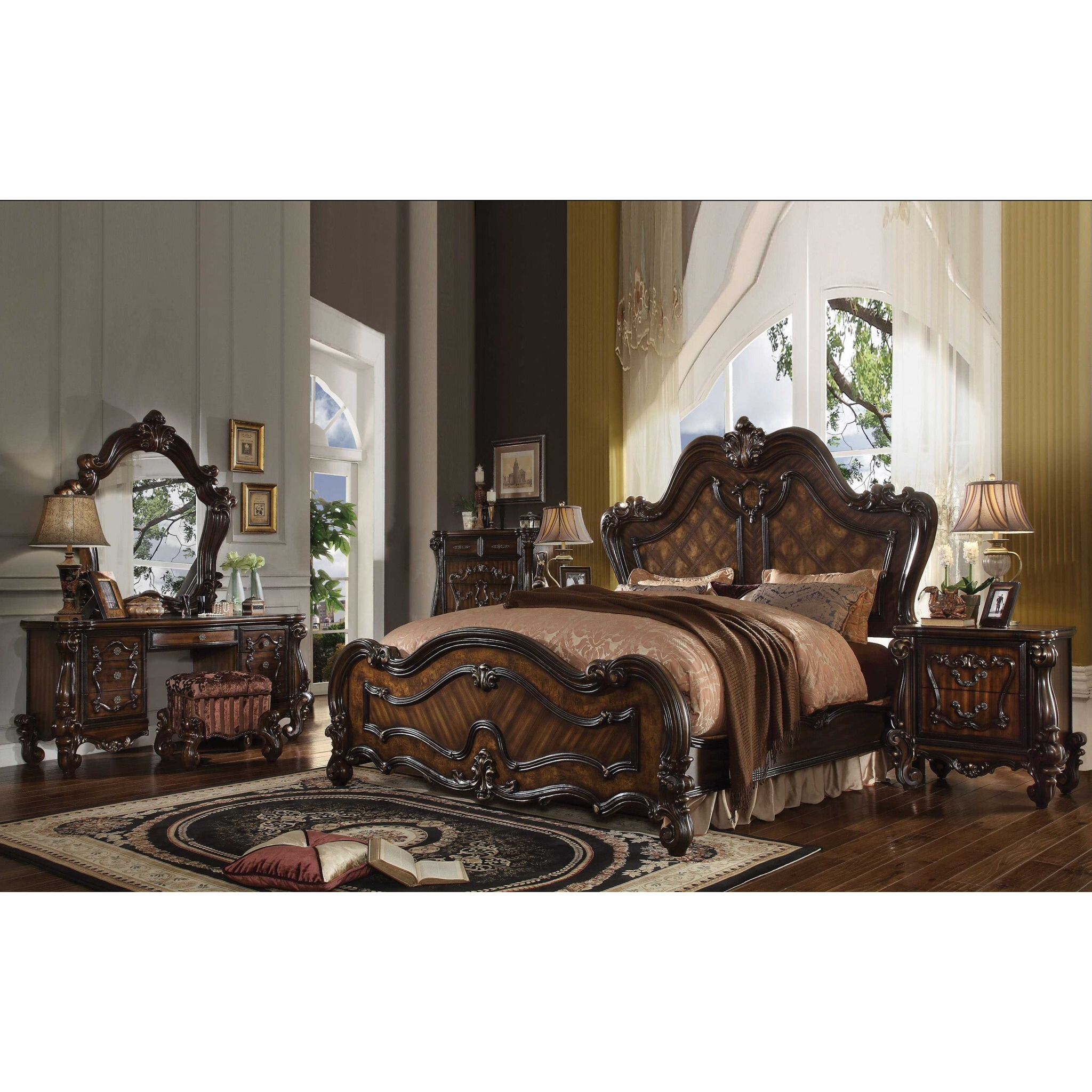 90"" X 93"" X 76"" Cherry Oak Wood Poly Resin Eastern King Bed