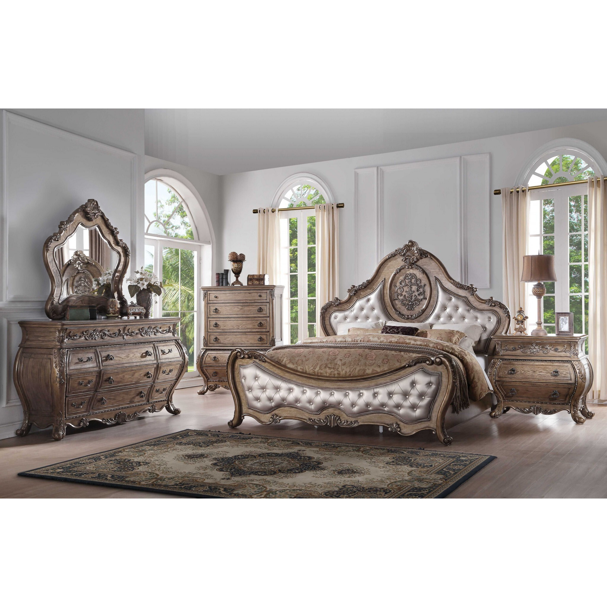 89"" X 89"" X 76"" Pu Vintage Oak Wood Upholstery King Bed
