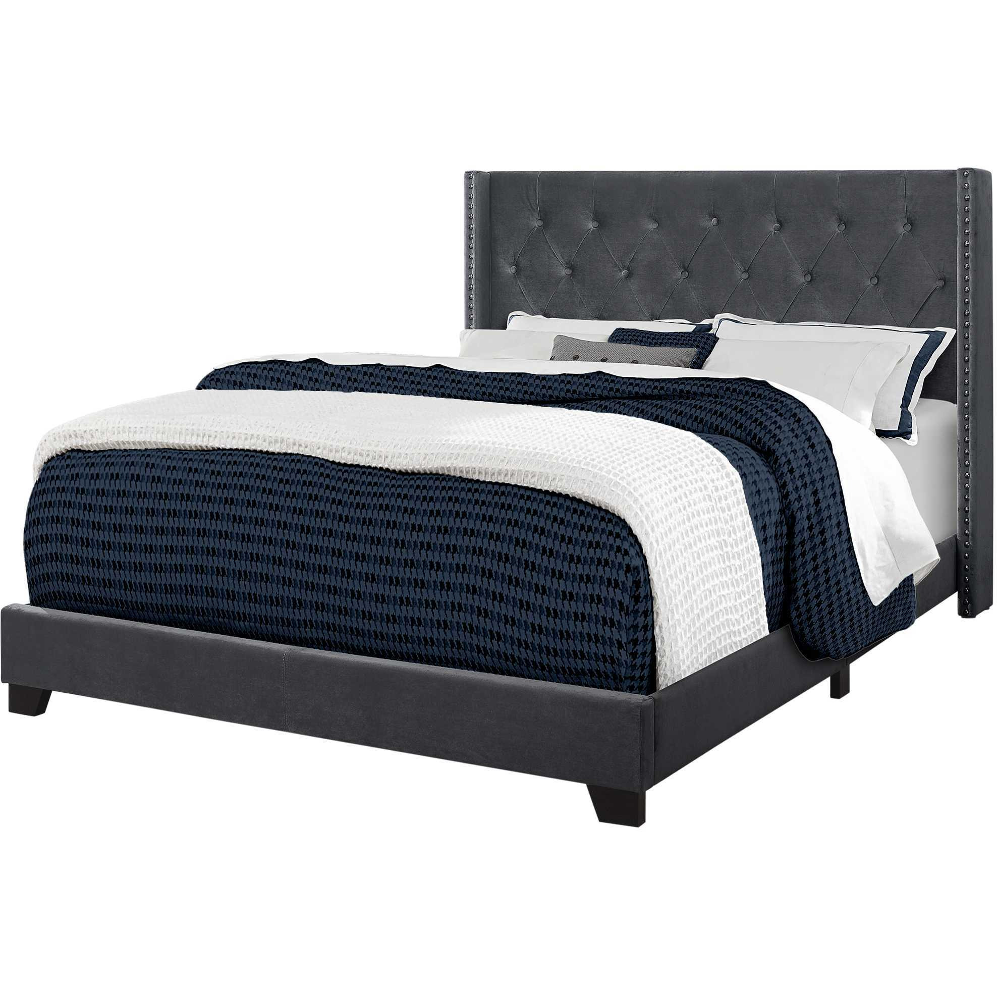 66.5"" X 87.5"" X 49.75"" Dark Grey Velvet With Chrome Trim  Queen Size Bed