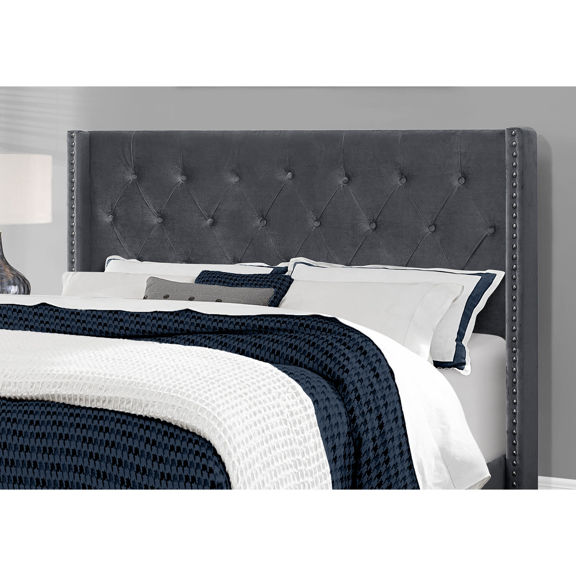 66.5"" X 87.5"" X 49.75"" Dark Grey Velvet With Chrome Trim  Queen Size Bed