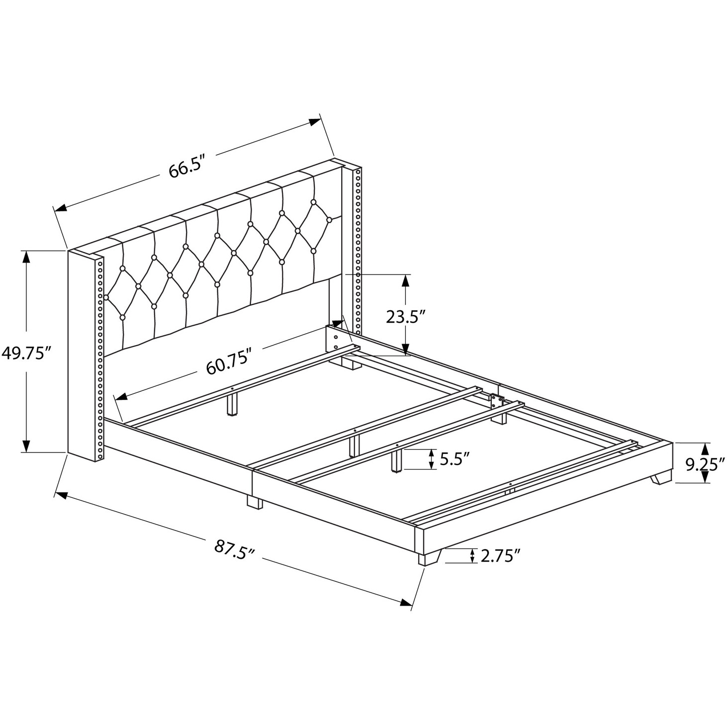 66.5"" X 87.5"" X 49.75"" Dark Grey Velvet With Chrome Trim  Queen Size Bed