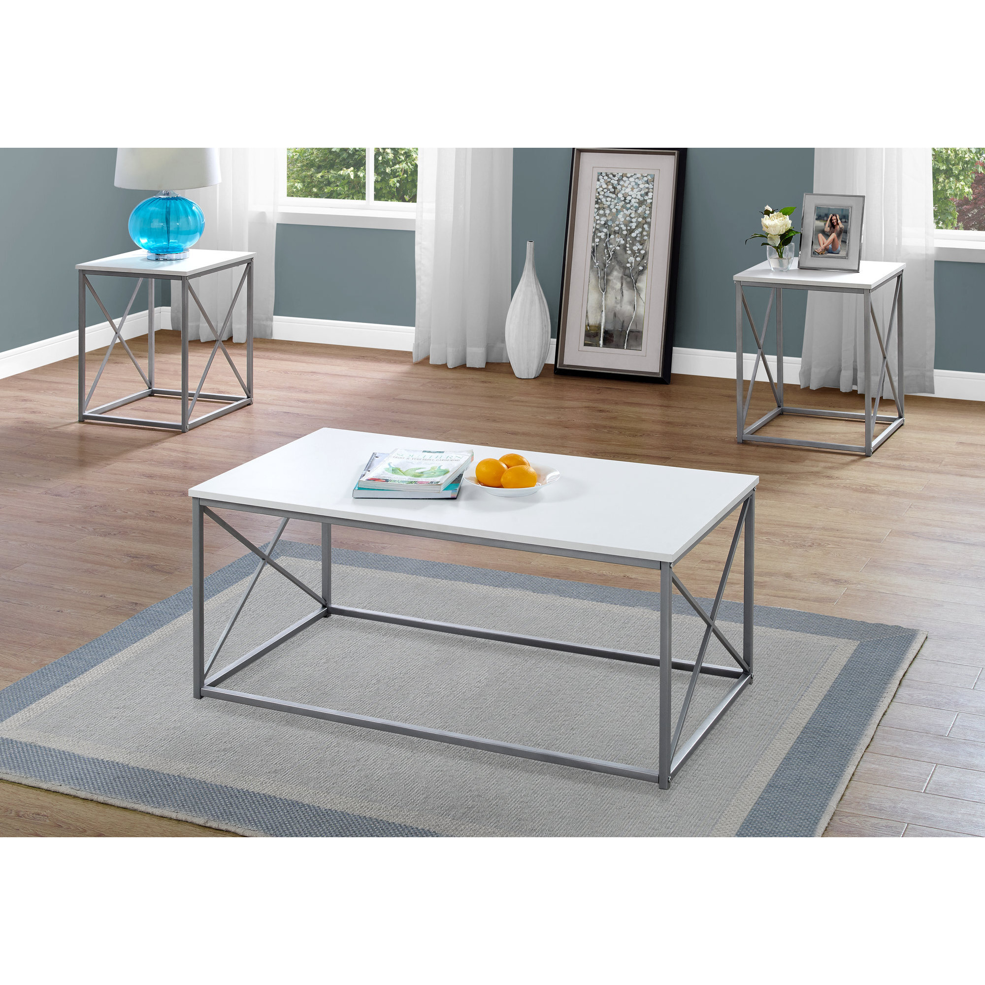 White Silver Metal Table Set - 3Pcs Set