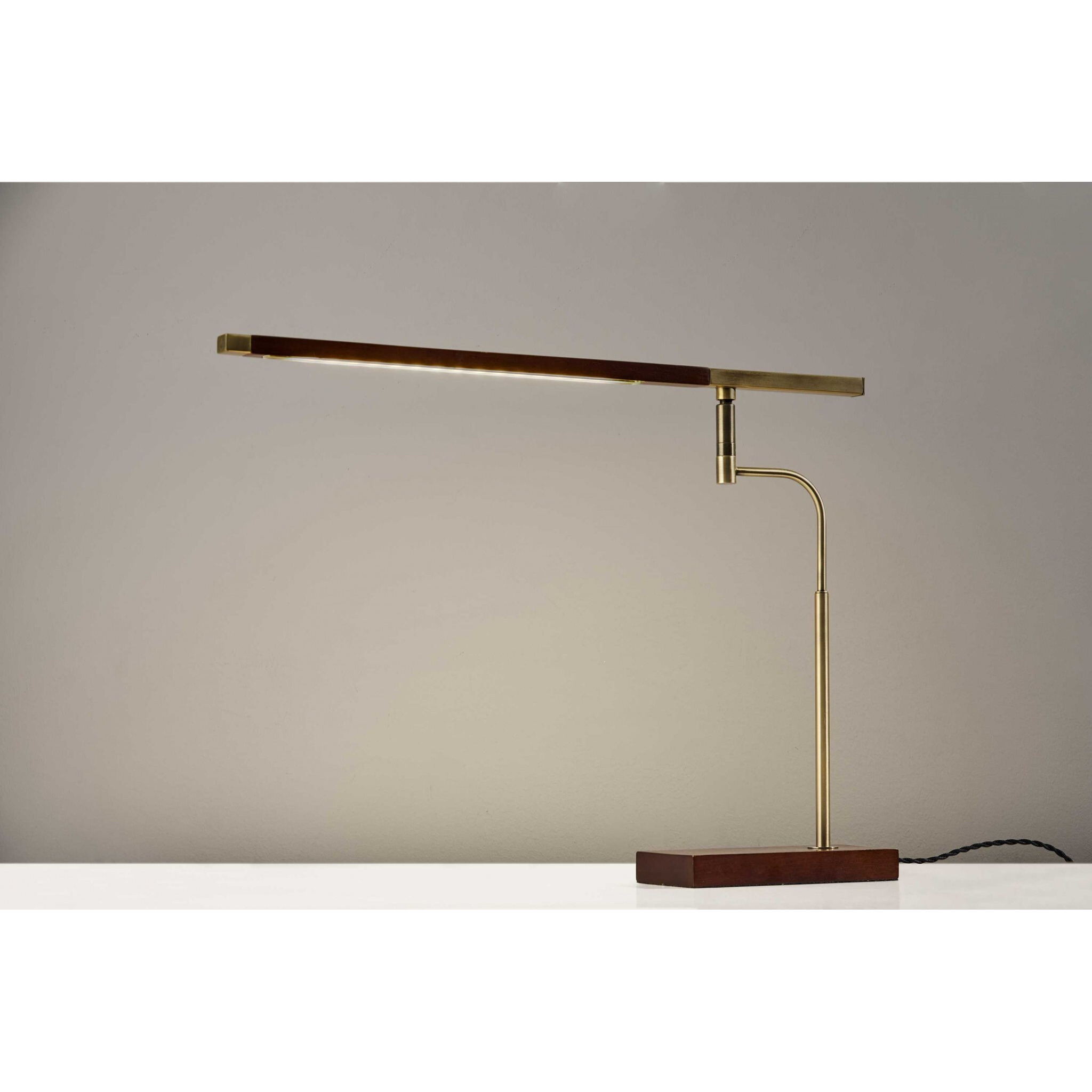 Walnut Wood Finish And Antique Brass Metal Adjustable Led Desk Lamp With Usb Port