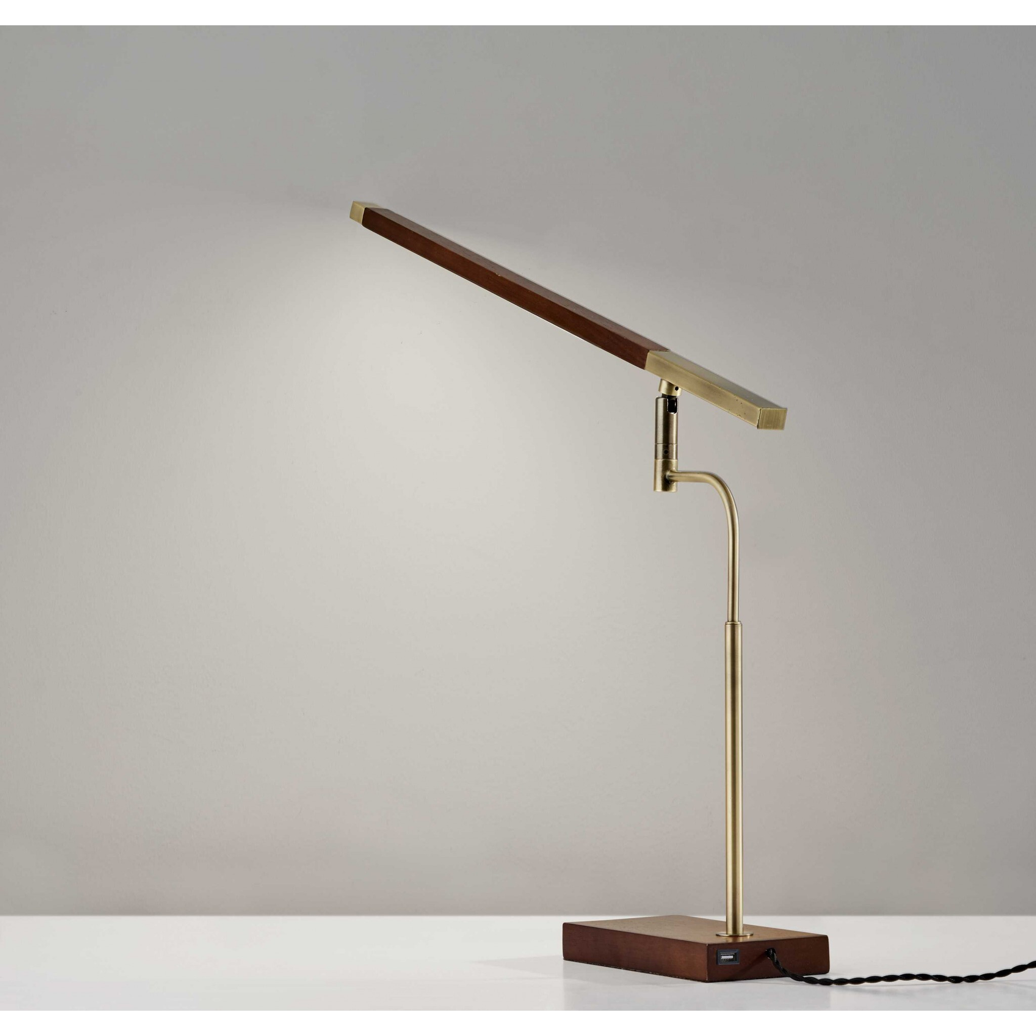 Walnut Wood Finish And Antique Brass Metal Adjustable Led Desk Lamp With Usb Port
