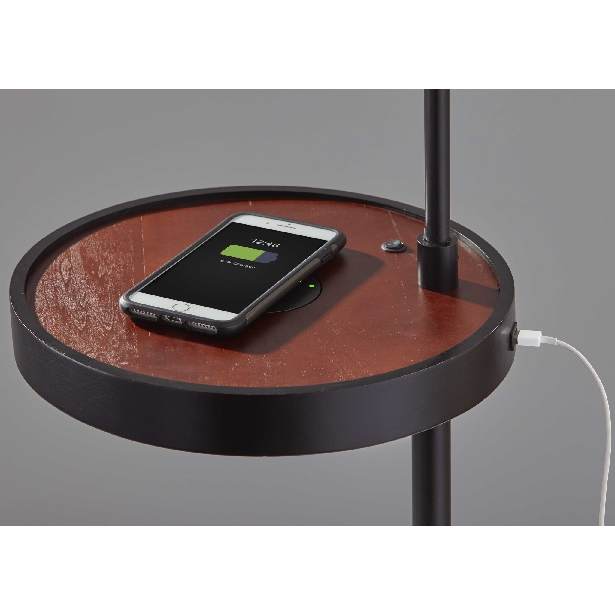 64"" Black Tray Table Floor Lamp With Beige Drum Shade