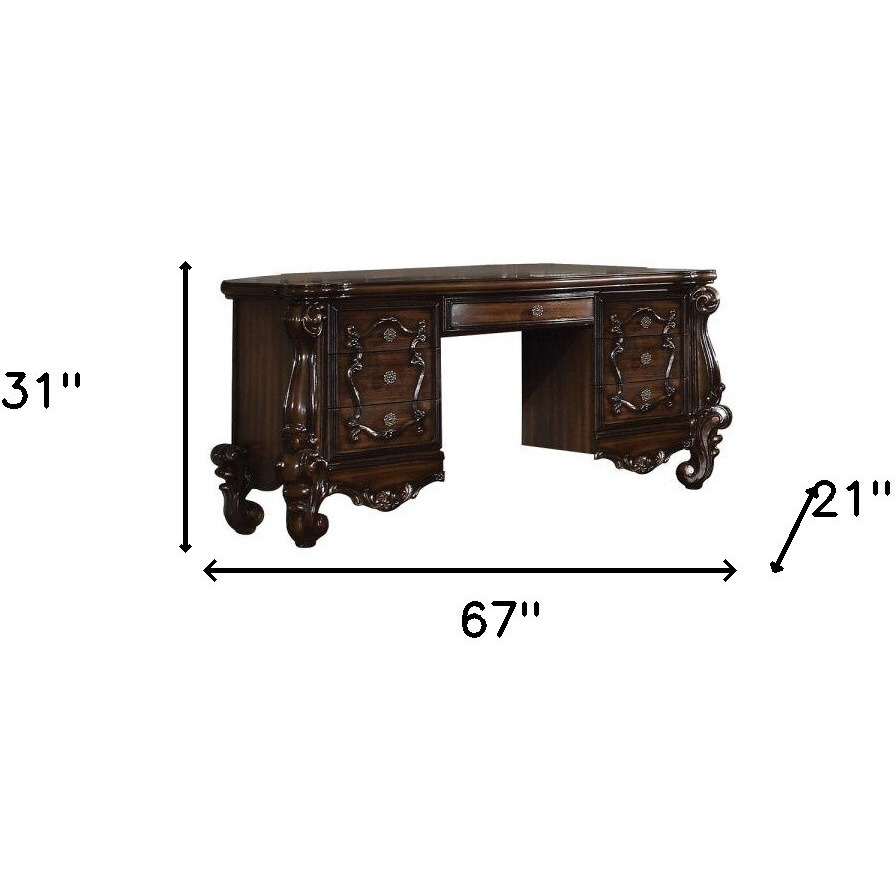 67"" Brown Peninsula Vanity Desk With 7 Drawers