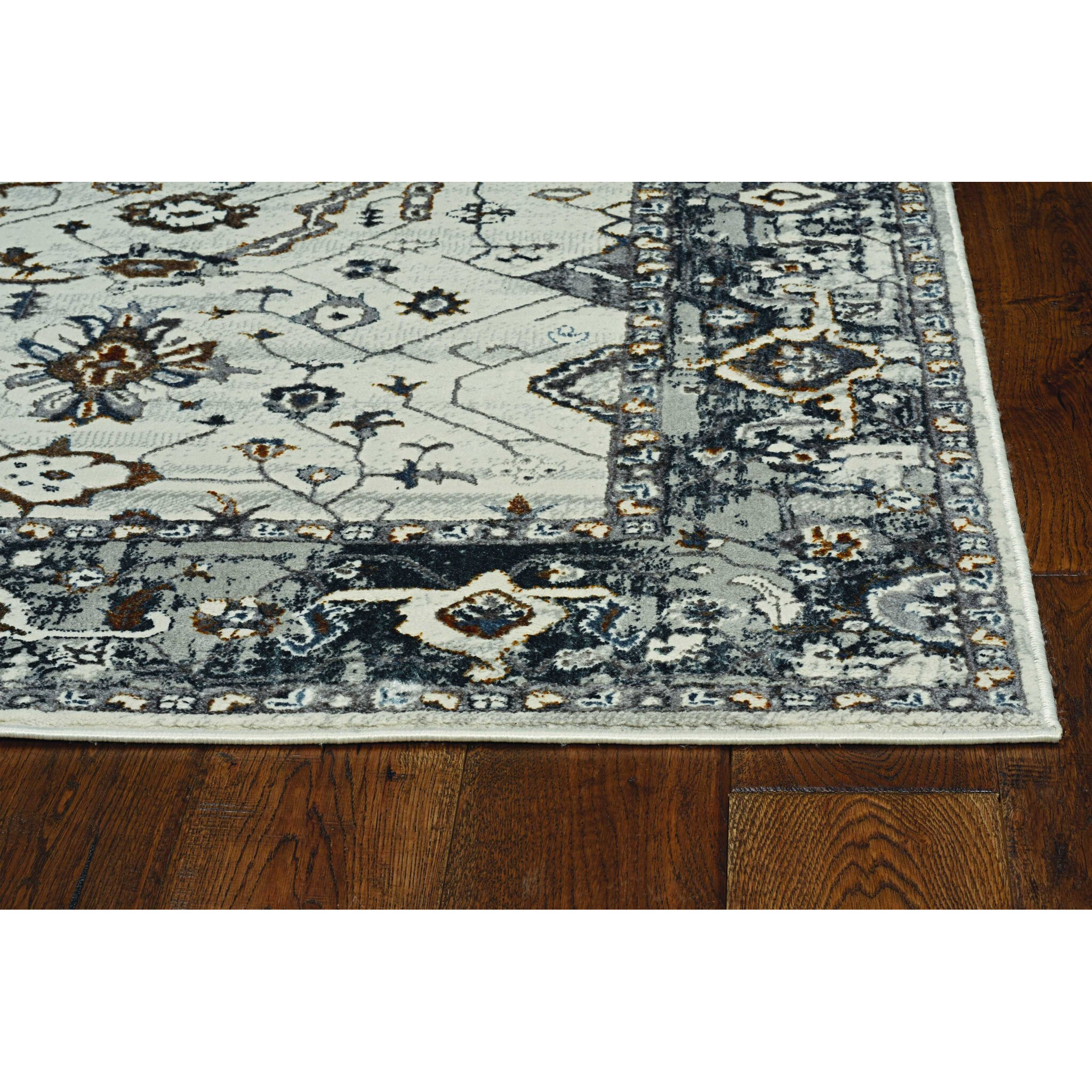 7' Ivory Grey Machine Woven Floral Traditional Indoor Runner Rug