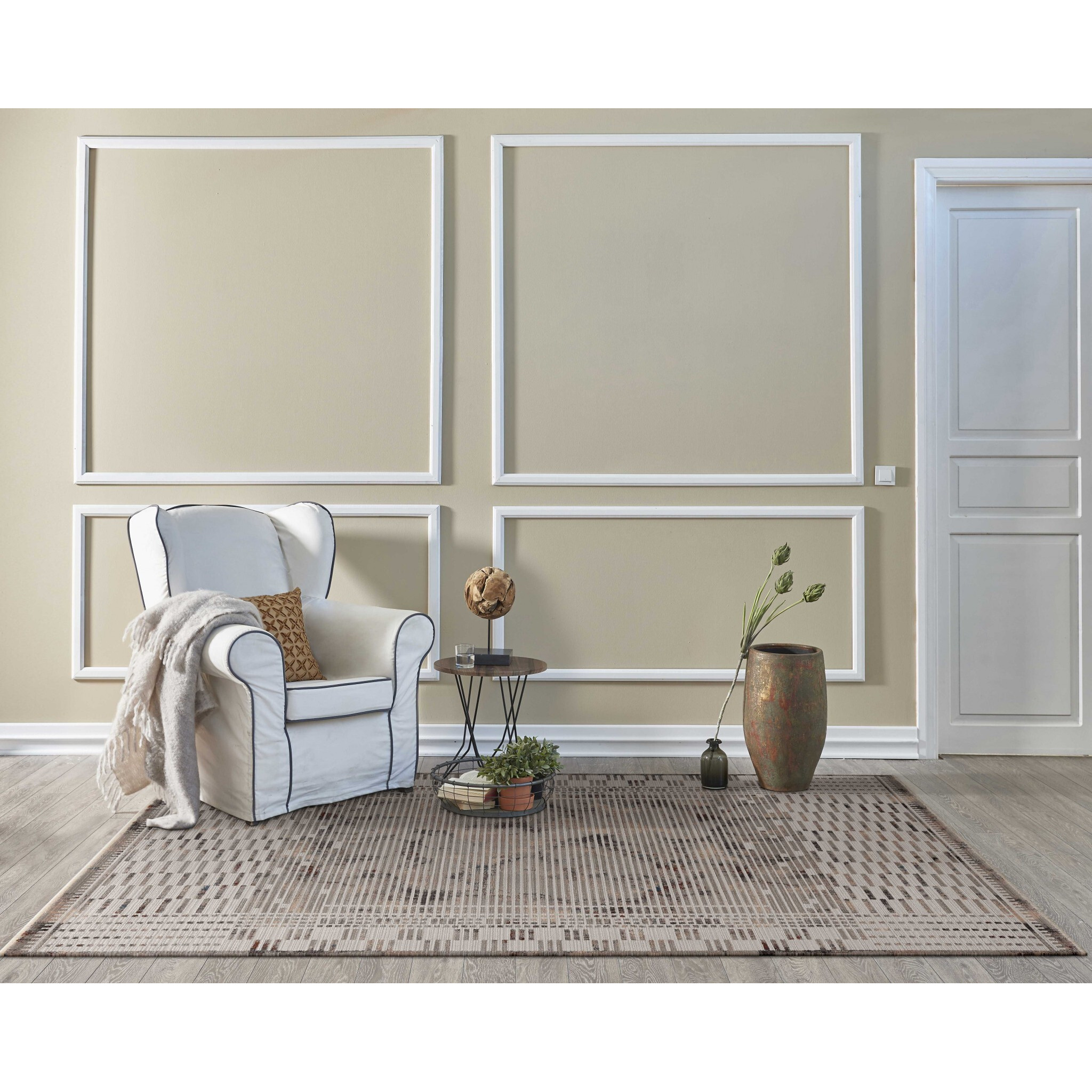 8' Natural Grey Machine Woven Bordered Abstract Lines Round Indoor Area Rug