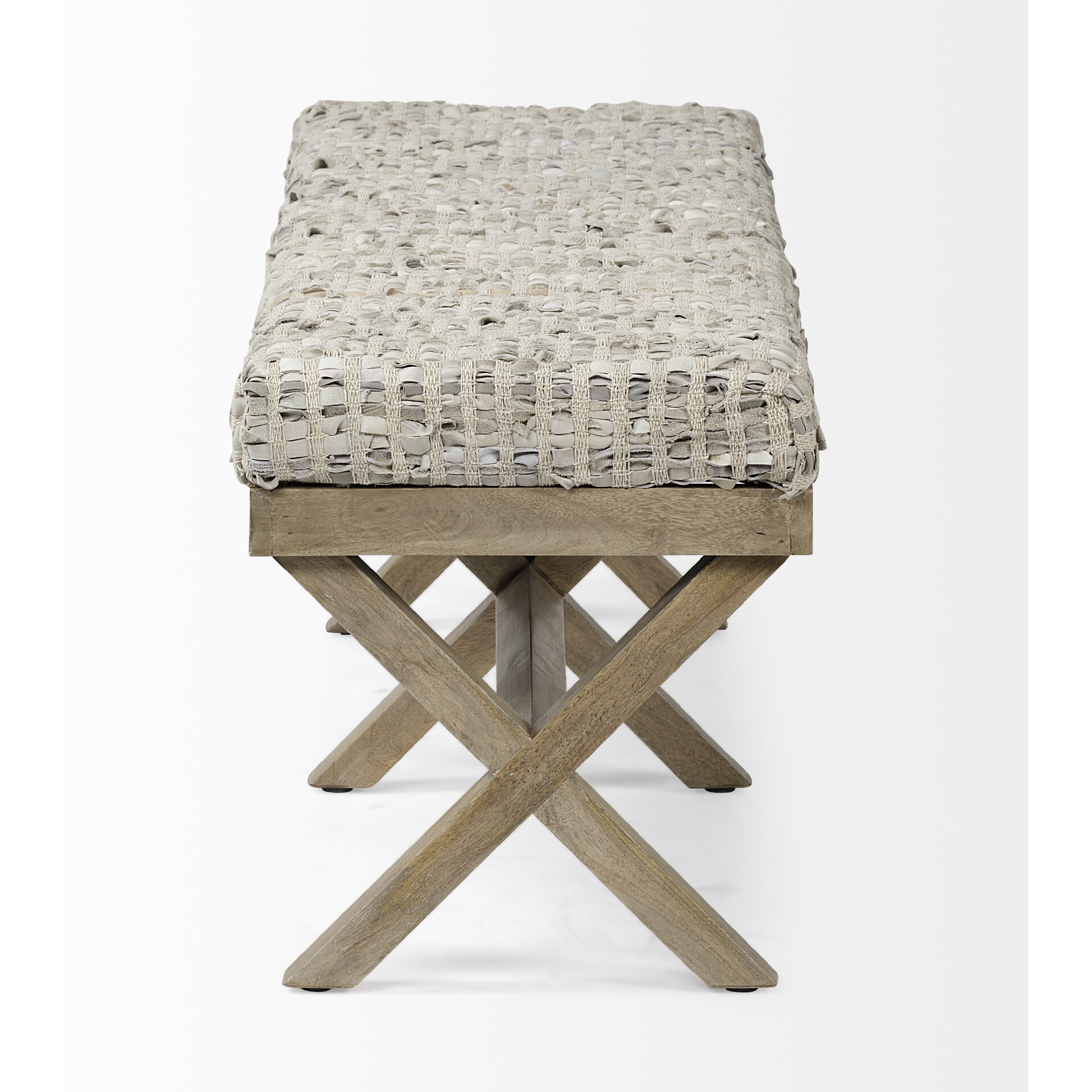 Rectangular Indian Mango Wood Light Brown Base W Beige-Toned Woven Leather Cushion Accent Bench