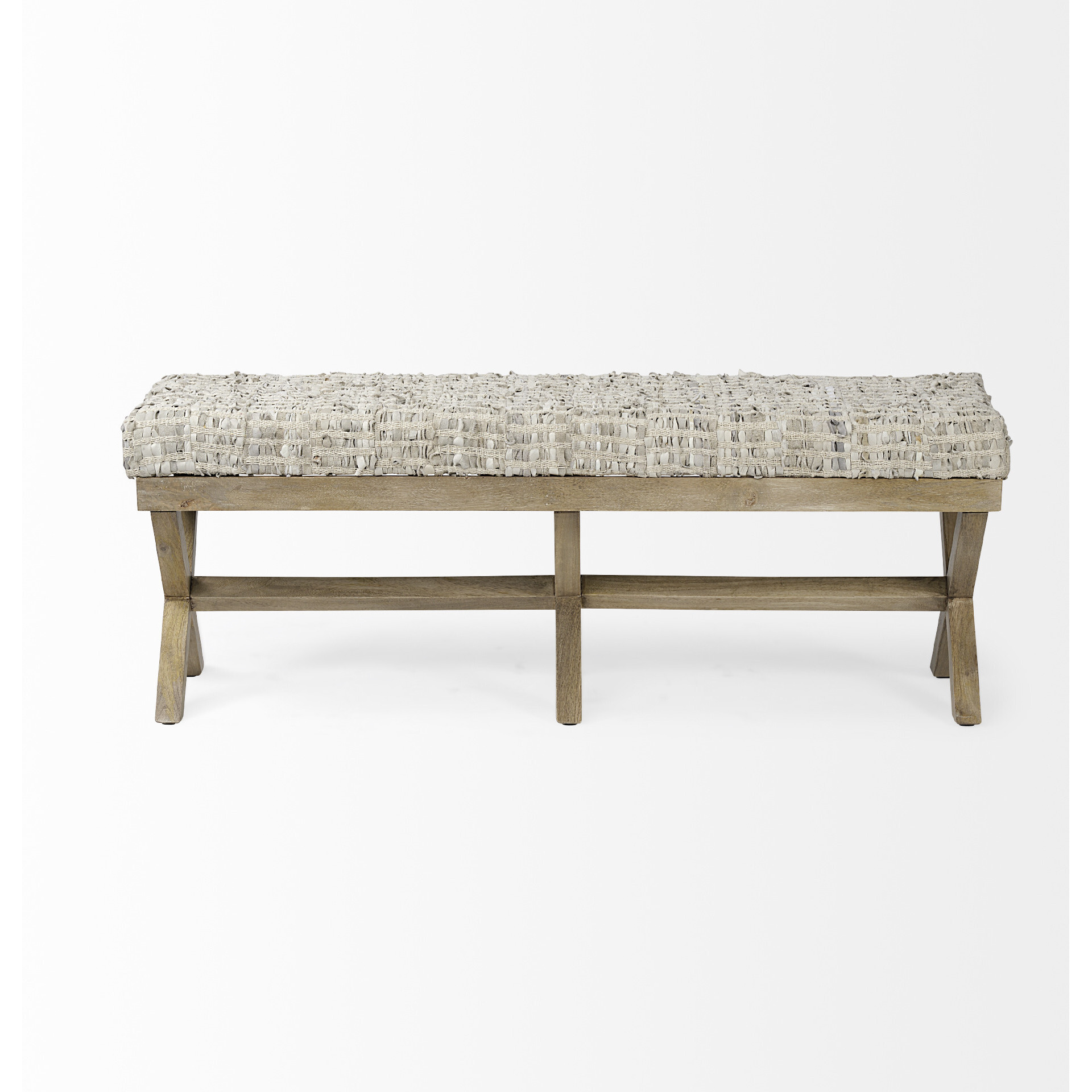 Rectangular Indian Mango Wood Light Brown Base W Beige-Toned Woven Leather Cushion Accent Bench